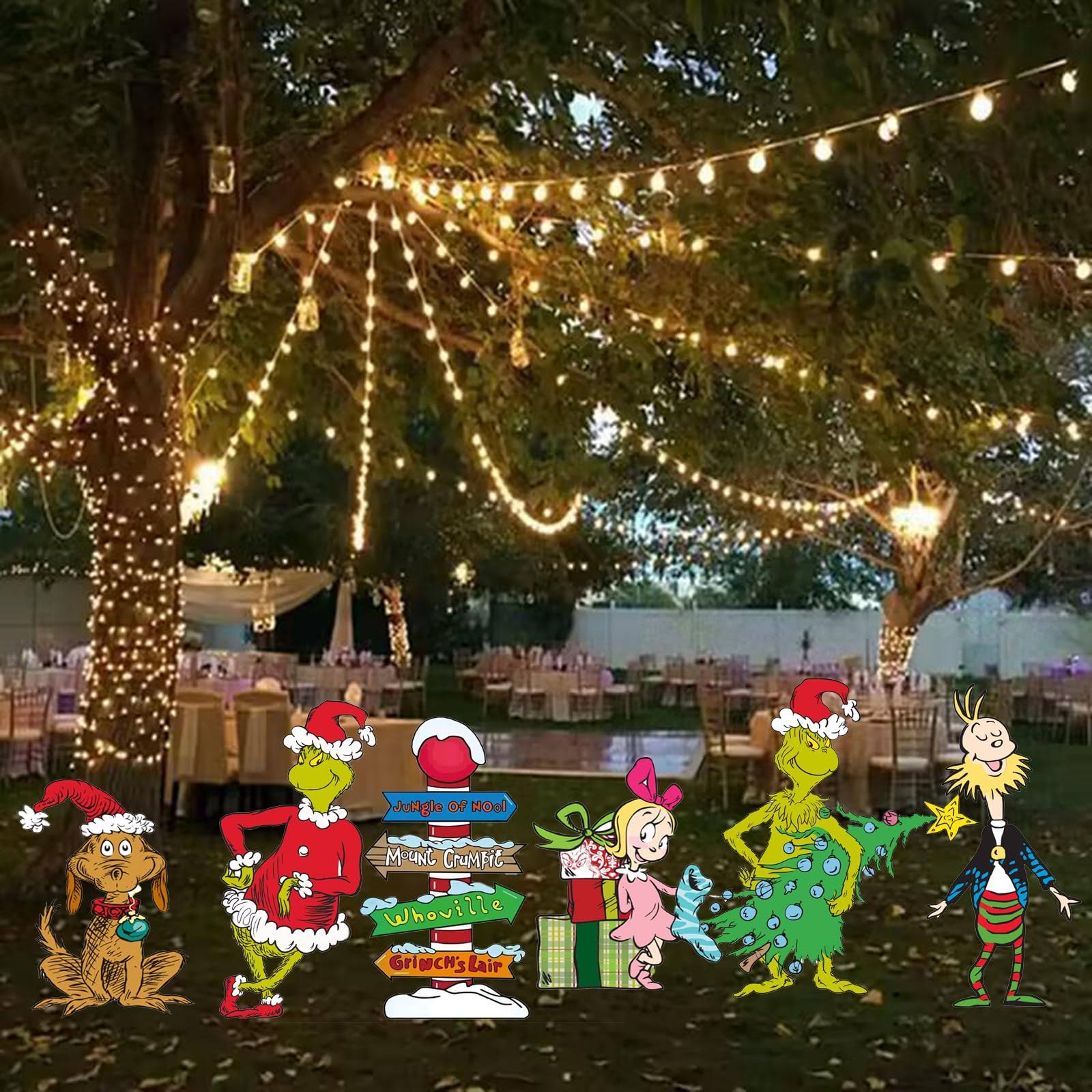 16eff1048f0f0f5671f5abed1d00b0c277293990473de287ad0ab5096fe27349.jpg 6pcs Grinch Christmas Decorations, Yard Signs with Stakes, Grinch Cindy Max Whoville Sign for Xmas Garden Lawn Decor, Grinch Stealing Christmas - Image 1