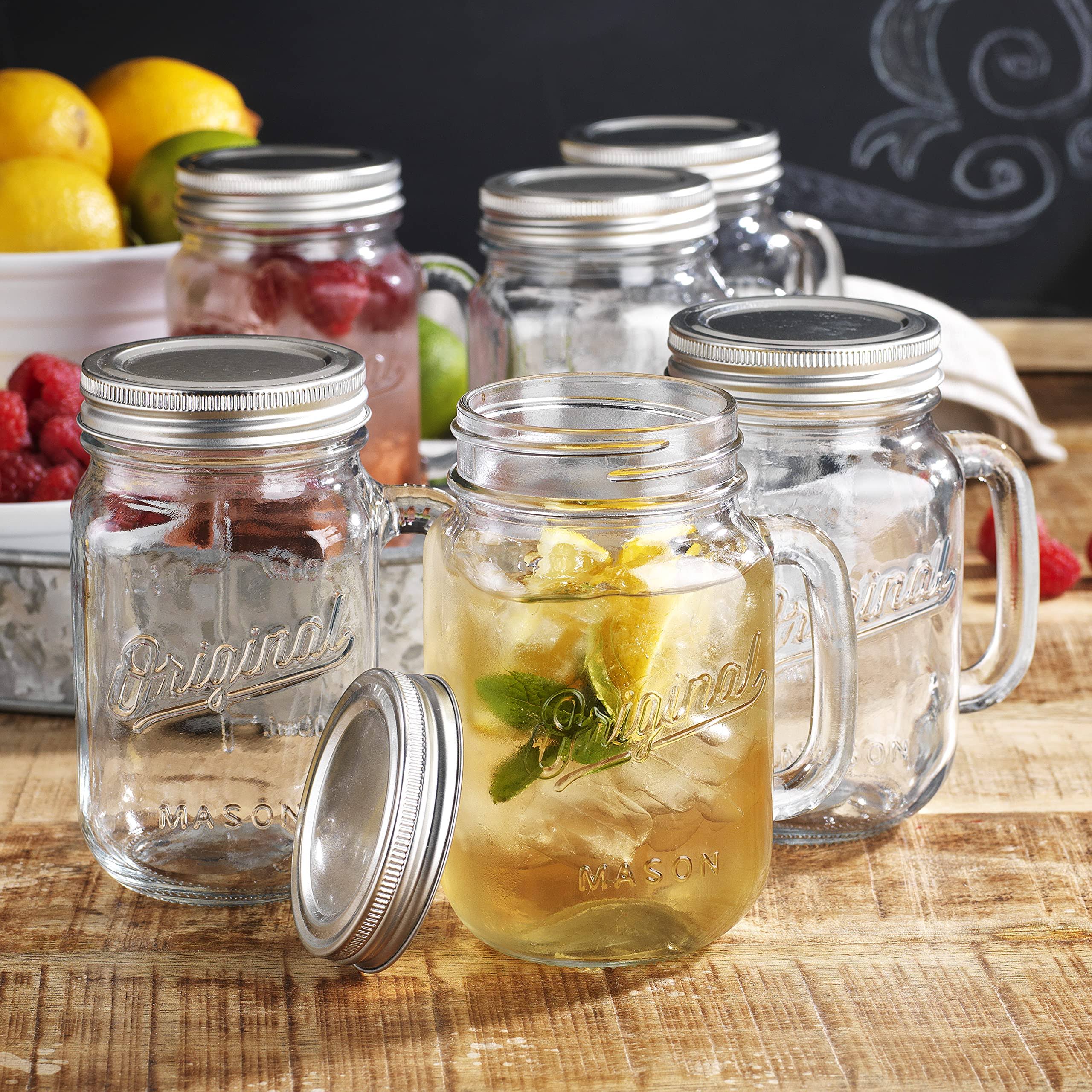 17040ac811769e5869a9dd085d968afa040911a55db4fea6920ba6add903b46a.jpg Glaver's Mason Jar 16 oz. Glass Mugs with Handle and Lid Set of 6 Old Fashioned Drinking Glass Bottles Original Mason Jar Pint S - Image 1