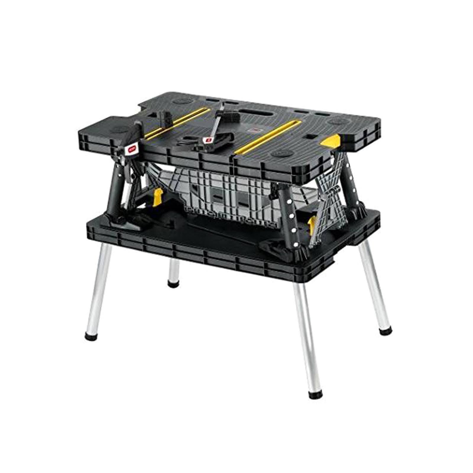 17272d55cd13bd1c66f25b79258f8e2335804af103d05524432ad0731ef5ed90.jpg Keter Folding Compact Workbench Sawhorse Work Table with Clamps 1000 lb Capacity - Image 1