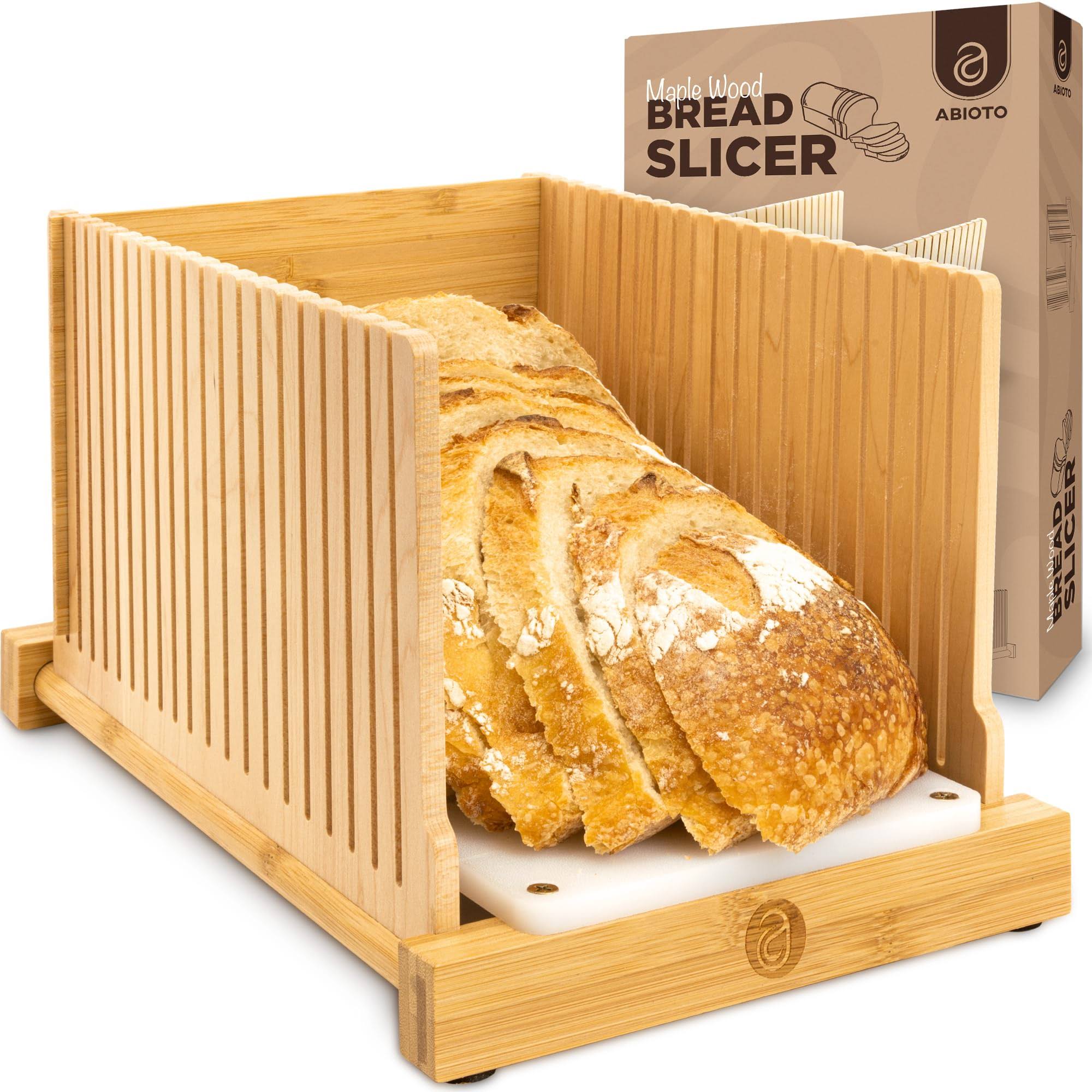 1737a9d493909b98166d9f3f12f21b4f490d0c29a5845709ff46e01da65d1956.jpg ABIOTO Bread Slicer for Homemade Bread - No Splinters with HDPE Base and Maple Fingers 4 Different Thicknesses for Uniform and Consistent Slices - F - Image 1