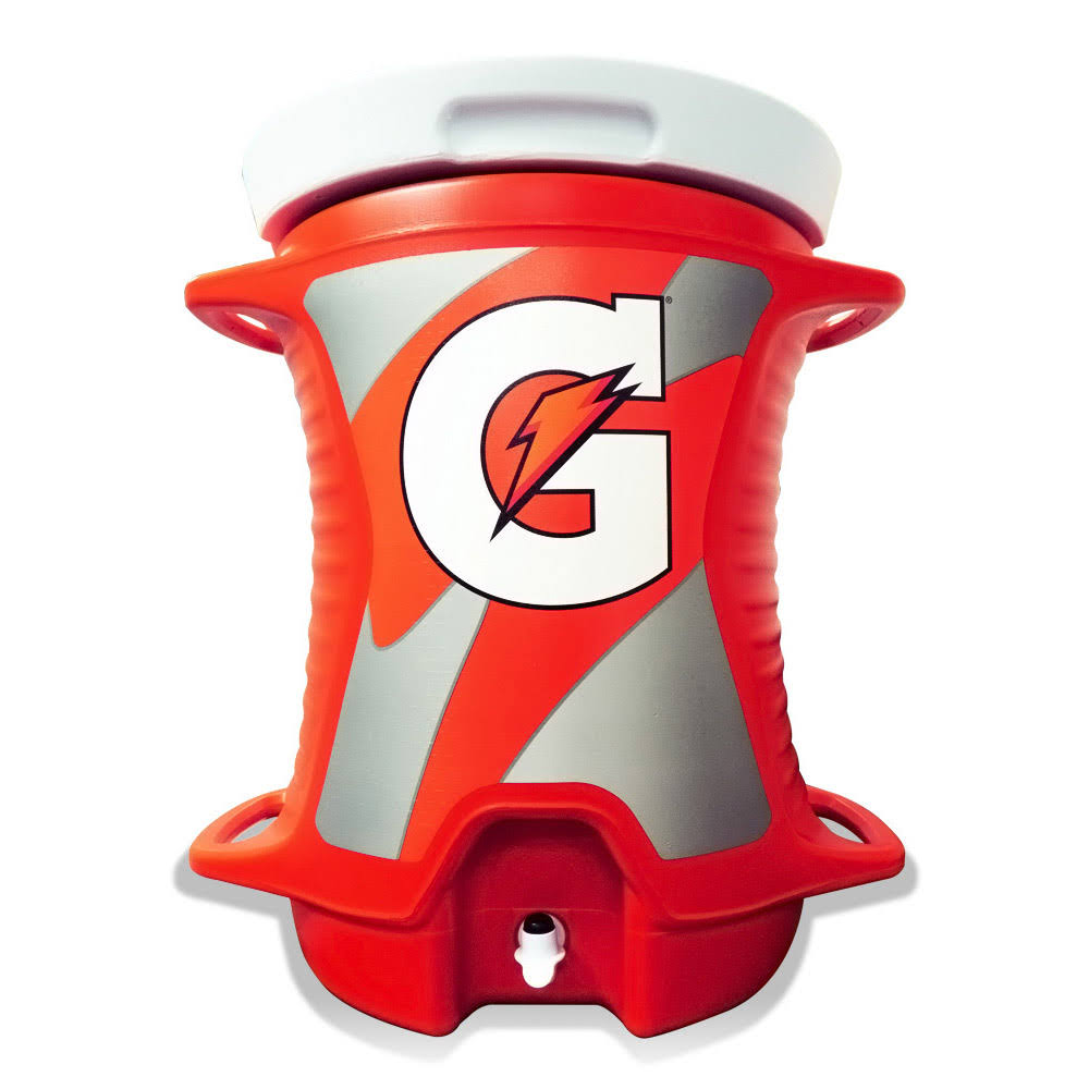 17e9f8a1ae739485325ab2d45d12b69be6855dd039fec756aa8c59afbf62e939.jpg Gatorade Beverage Cooler with Cup Dispenser 10 Gal Orange/White - Image 1
