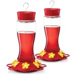 Hummingbird Feeder 30 oz [Set of 2] Glass Hummingbird Feeders for Outdoors - with Built-In Ant Guard - Circular Perch with 7 Feeding Ports - Wide