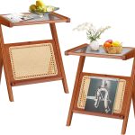 AECOJOY Rattan Side Table Set of 2, Rattan End Table Z-Shaped Boho Nightstand with Glass-top