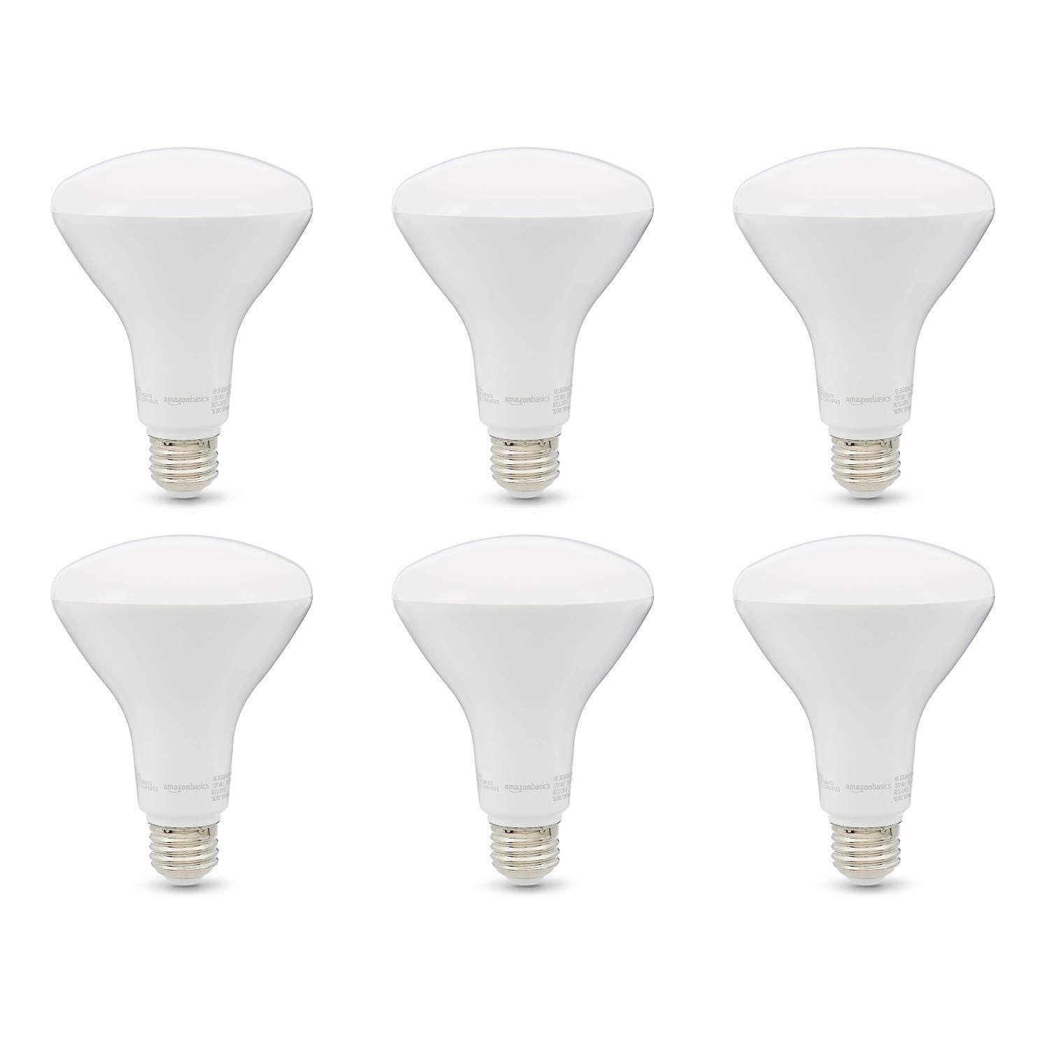 183c94d6fe5bf79fe1d75f542006fce6af4927138dfcf518589a1ed13f0cd9da.jpg Amazon Basics 65W Equivalent, Soft White, Dimmable, 10,000 Hour Lifetime, BR30 LED Light Bulb , 6-Pack - Image 1