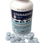 Steramine Sanitizing Tablets for Sanitizing Food Contact Surfaces Kills E-Coli HIV Listeria Model 1-G 150 Sanitizer Tablets per Bottle Blue P