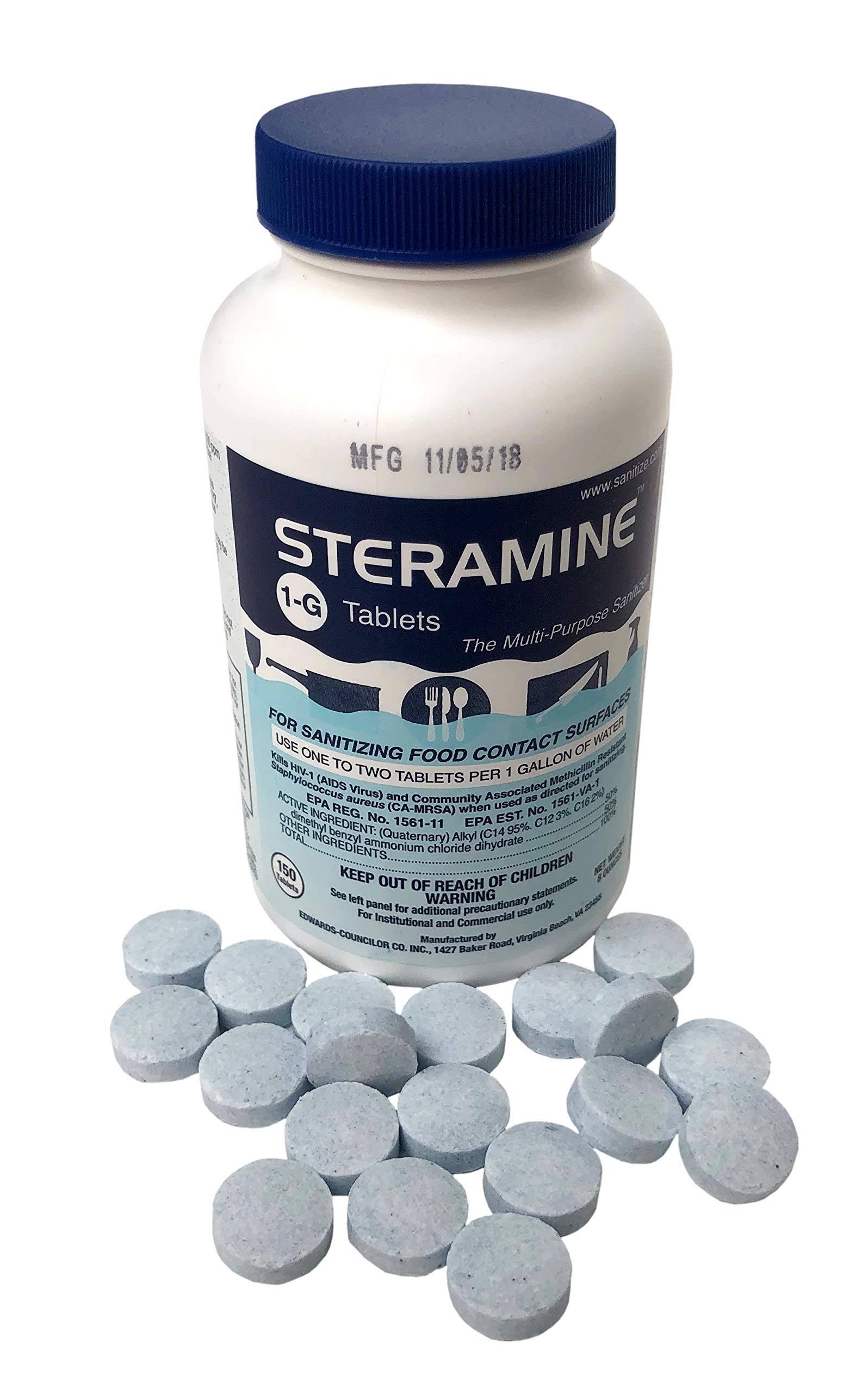 18619ca9640d71e93a8fbbf864ac8f40ed9d72ae4fd7b56f206da9959b80e222.jpg Steramine Sanitizing Tablets for Sanitizing Food Contact Surfaces Kills E-Coli HIV Listeria Model 1-G 150 Sanitizer Tablets per Bottle Blue P - Image 1