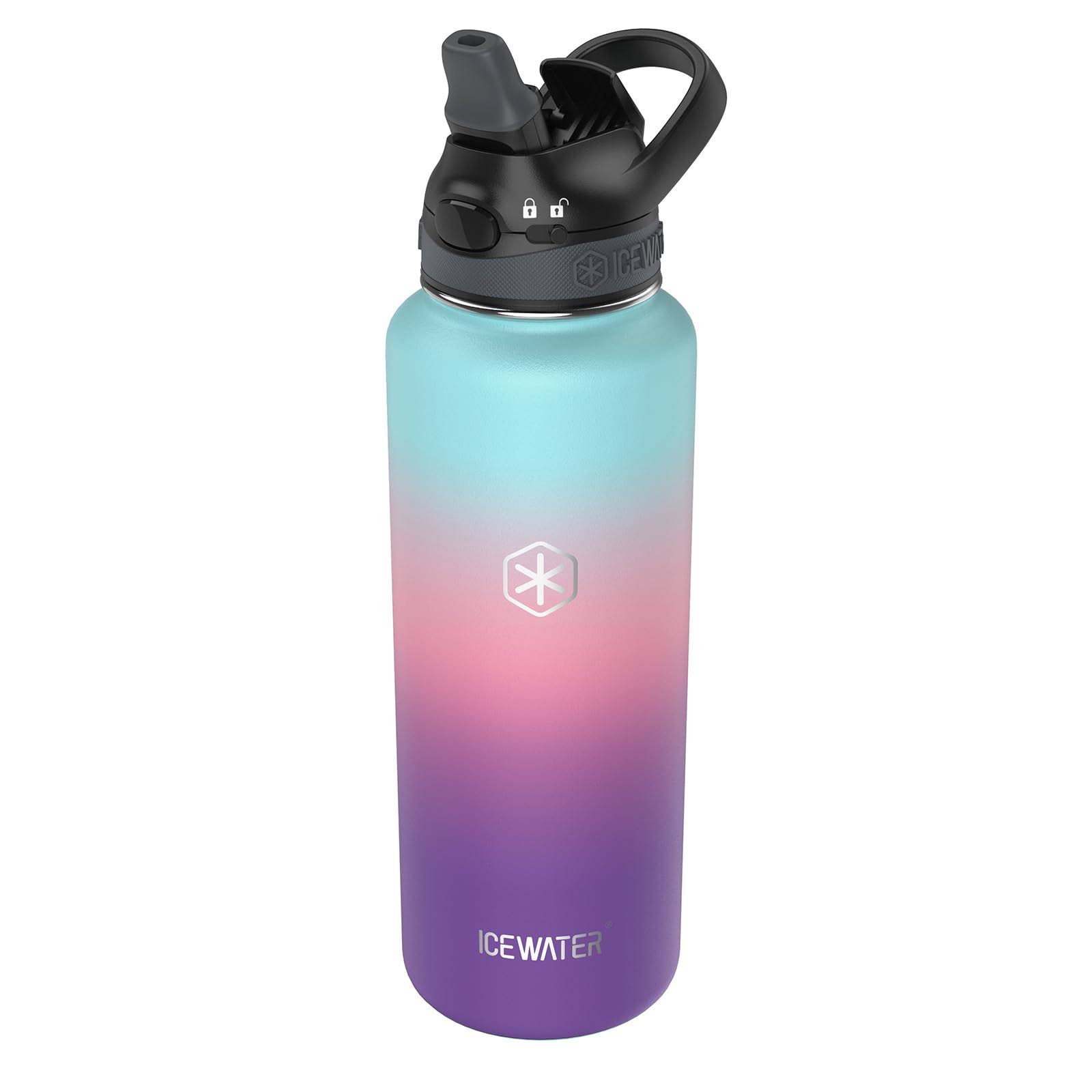 18f1d80af057bbddd4cc66cf389ba2163a899f9dd592d6c50650156c0b0f7784.jpg Icewater - 40 oz Insulated Water Bottle with Auto Straw Lid and Carry Handle, Leakproof Lockable Lid with Soft Silicone Spout, One-Hand Operation, - Image 1