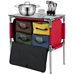 Camping Kitchen Station. Aluminum Portable Folding Camp Cook Table with 4 Detachable Legs & 4 Cooler Bags. Red