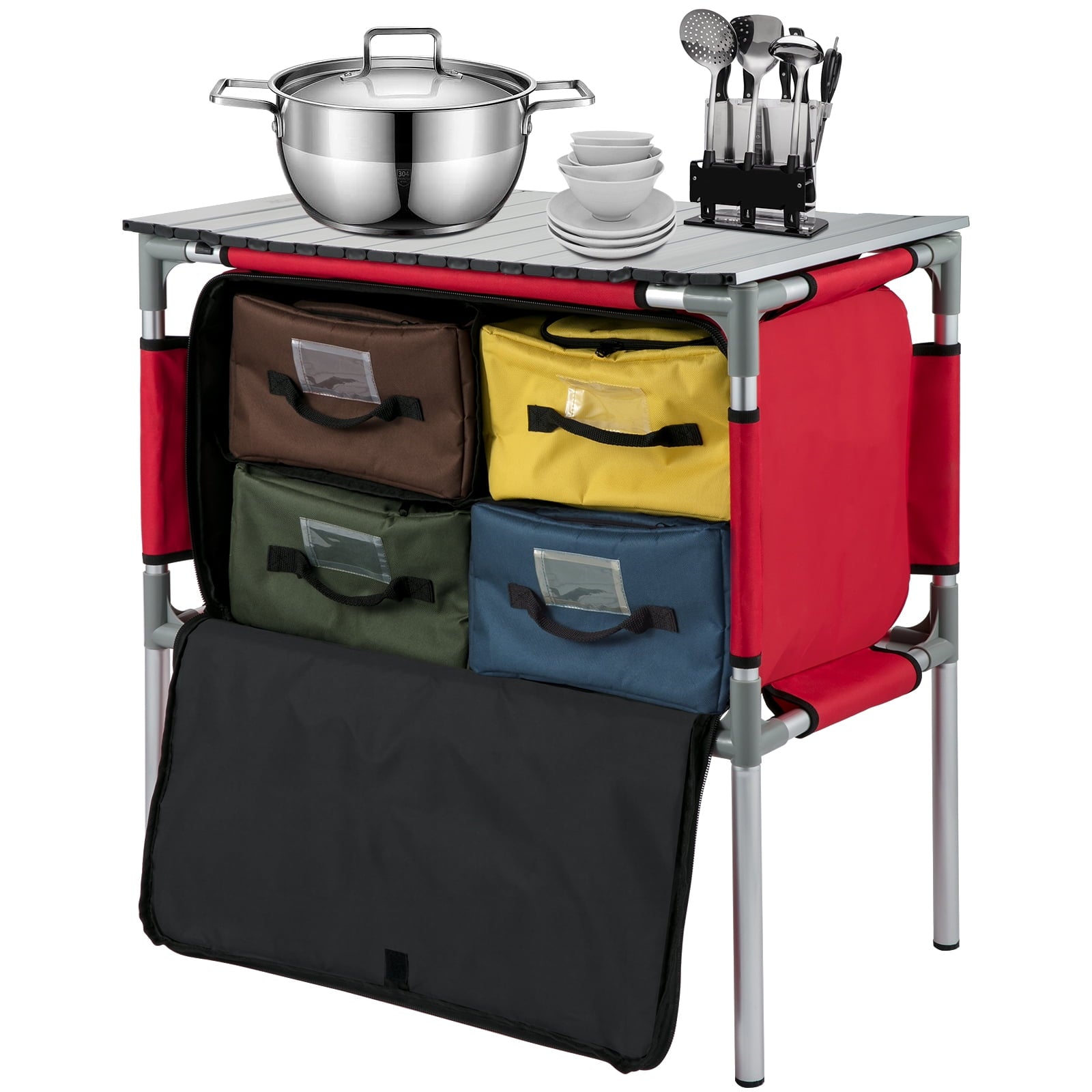 193c4469f99699b3515e55977c38df24343a6abf6e2ea9c66a5e0200e0fc4f0b.jpg Camping Kitchen Station. Aluminum Portable Folding Camp Cook Table with 4 Detachable Legs & 4 Cooler Bags. Red - Image 1