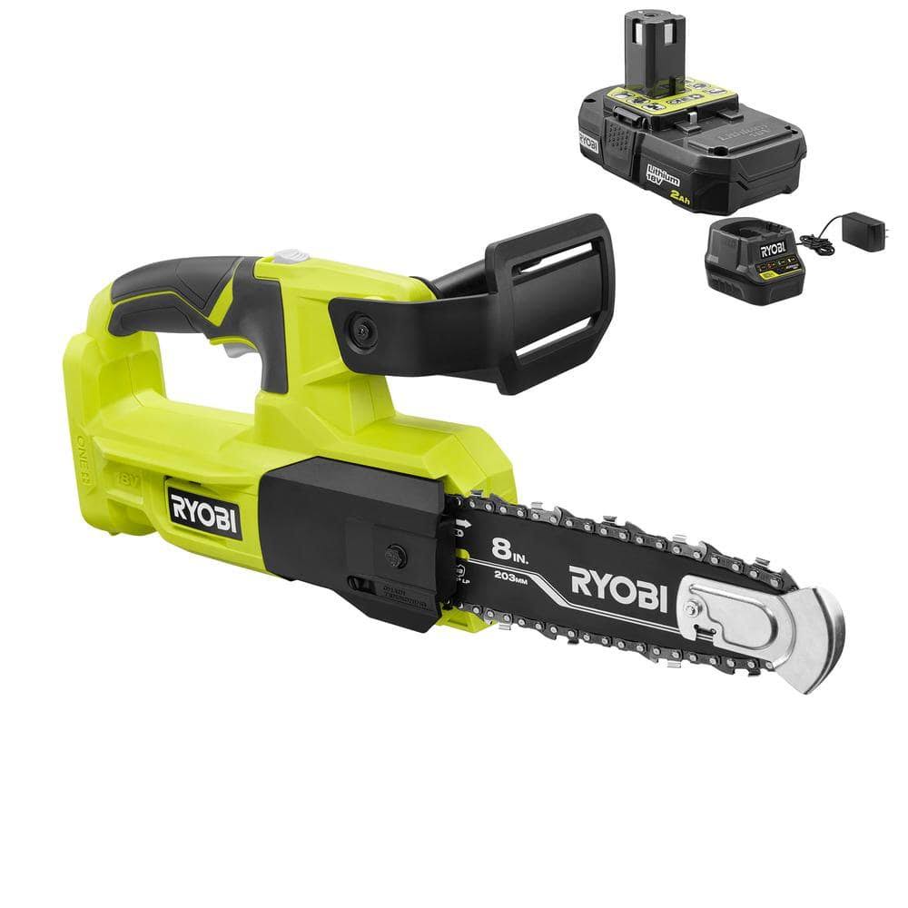 1959b0226f2dea331dddfc5cf0d430f8142ec87ff27997f6b2789f96220b52d6.jpg Ryobi One+ 18V 8 in. Battery Pruning Chainsaw with 2.0 Ah Battery and Charger - Image 1