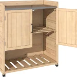 AECOJOY Potting Bench, Outdoor Wooden Storage Cabinet with Adjustable Shelf, Metal Tabletop