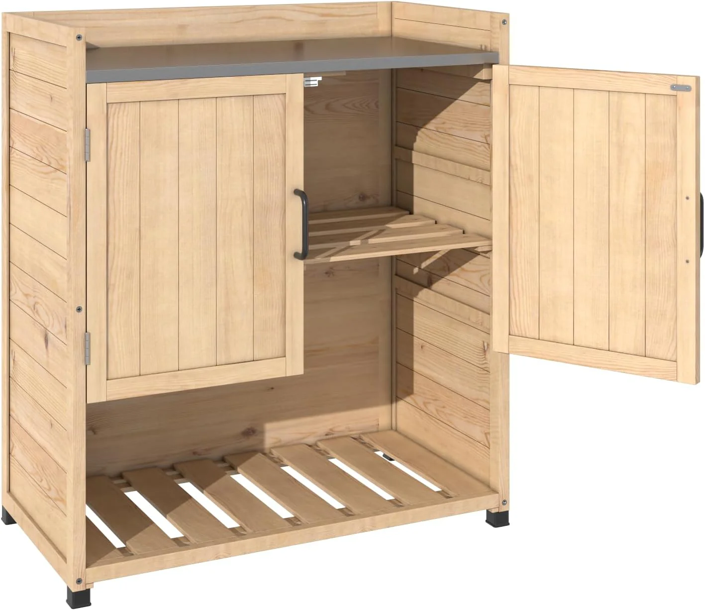 197b6af20db80d20499a8fb4be07ae4b374f61d6baedf59c6b2985d6d2c7f8b0.webp AECOJOY Potting Bench, Outdoor Wooden Storage Cabinet with Adjustable Shelf, Metal Tabletop - Image 1