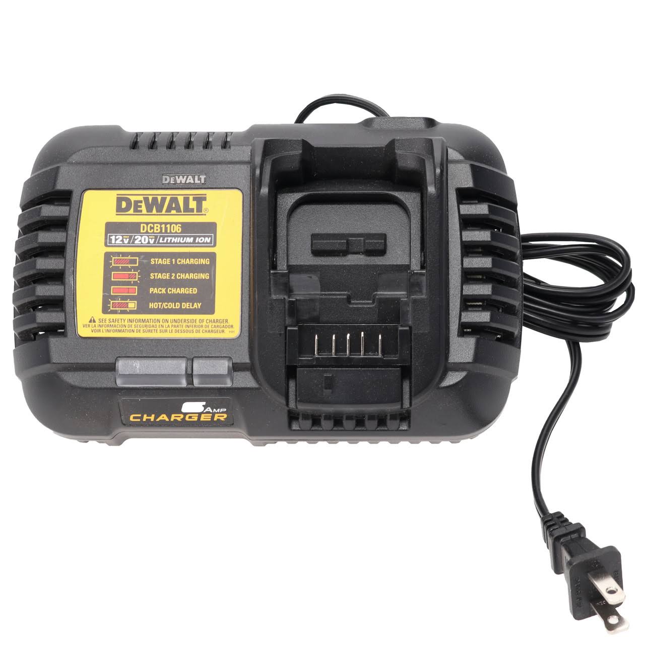 19a7c2e7ecdd6caf670e26141ddc6c03a0f7dcc8ff26146c8a04270b617d96f5.jpg DeWalt DCB1106 12V/20V 6-Amp Max Corded Lithium-Ion Compact Charger - Image 1