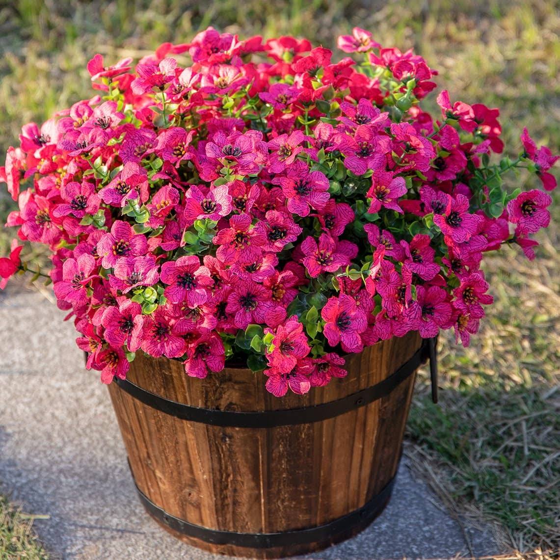 19e5c8600705a93b5665fd969c6a5e1e41bf87fca45dc343ccba84e7750ce02e.jpg HyeFlora Artificial Faux Outdoor Plants Flowers, 12 Bundles Fake Hotpink Silk Daisy Eucalyptus UV Resistant Look Real for Planter Pot Window Outside - Image 1