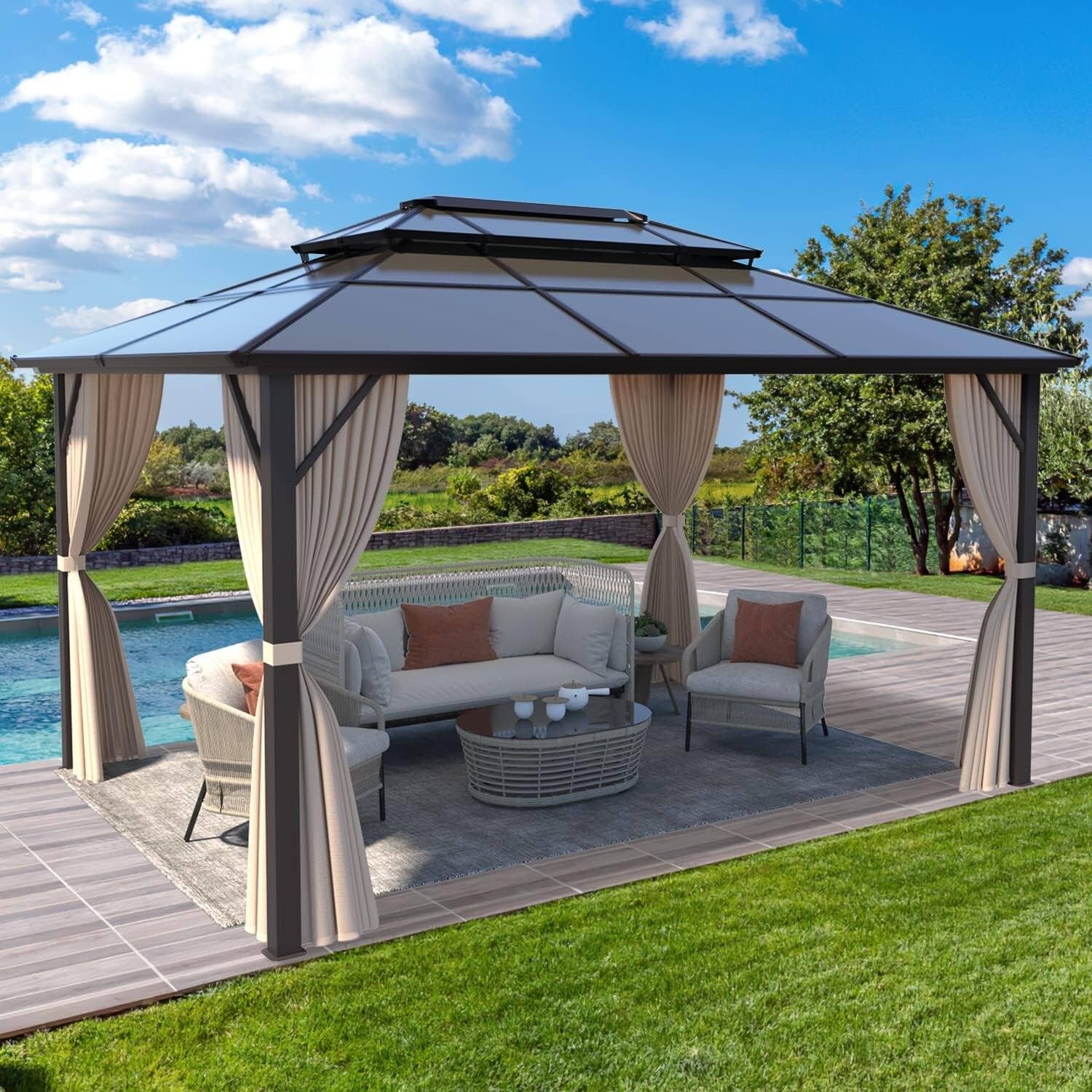 1a080d5097e2b7041f03b68cc5f3652fe129b0381b9eb351cfd06dc49420f614.jpg 10x13ft Outdoor Double Roof Gazebo with Netting and Curtains - Beige - Image 1