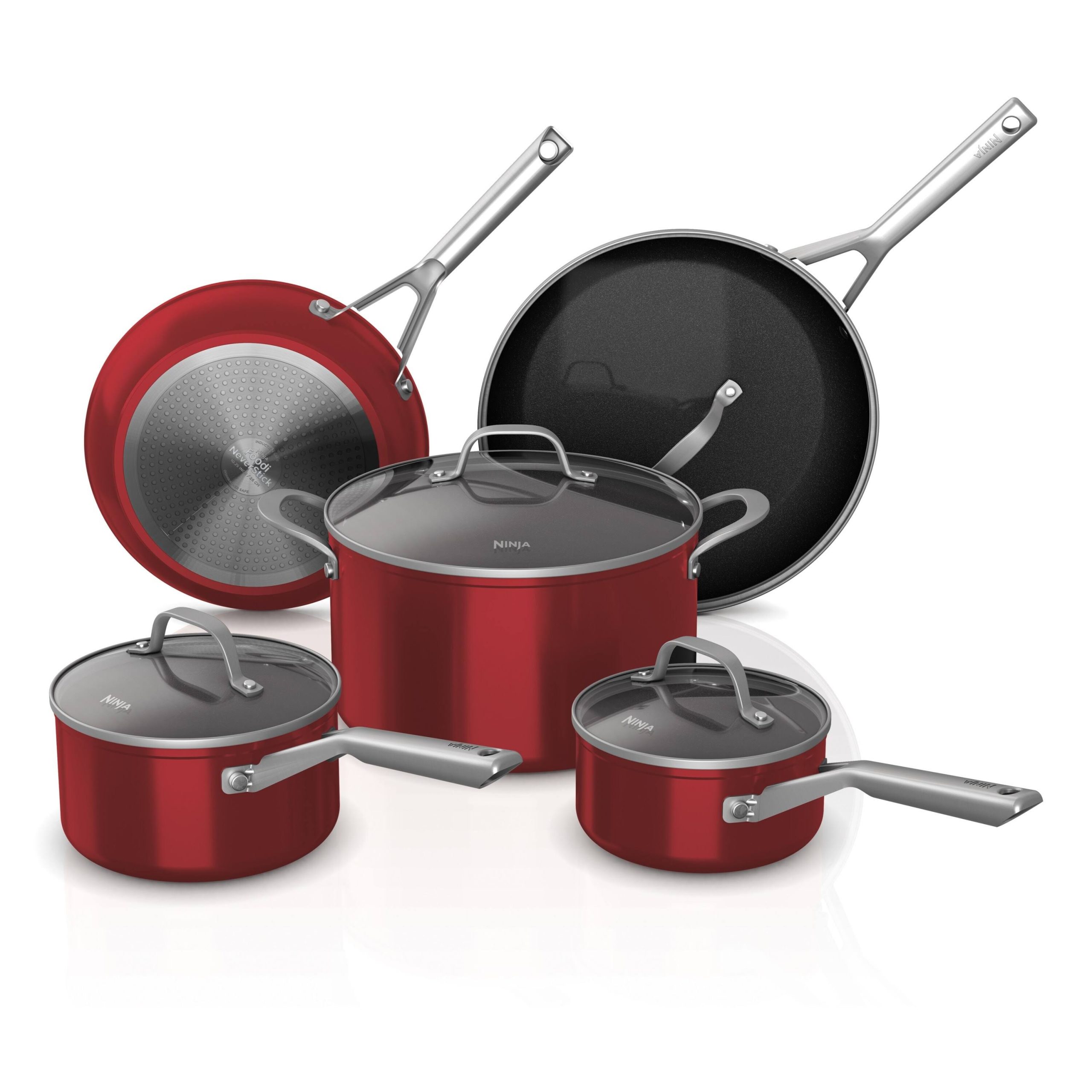 1a0b32e01a31b38f959df1d4e0c83a5a830f8fe5d93367f535b2508eb5f013c5.jpg Ninja Foodi NeverStick Essential 9-Piece Cookware Set - Red - Image 1