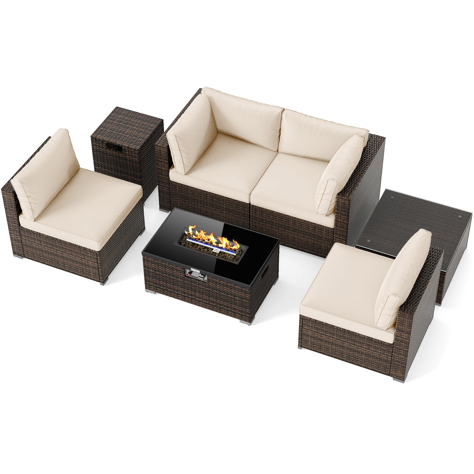1a10695f30240b18d16f5f368f18fdafd50f92509d8db812546e4c978cabb8ba.jpg Tangkula 7 Pieces Wicker Patio Furniture Set with 40,000 BTU Gas Fire Pit Table & Propane Tank Cover Table & Glass Top Coffee Table - Image 1