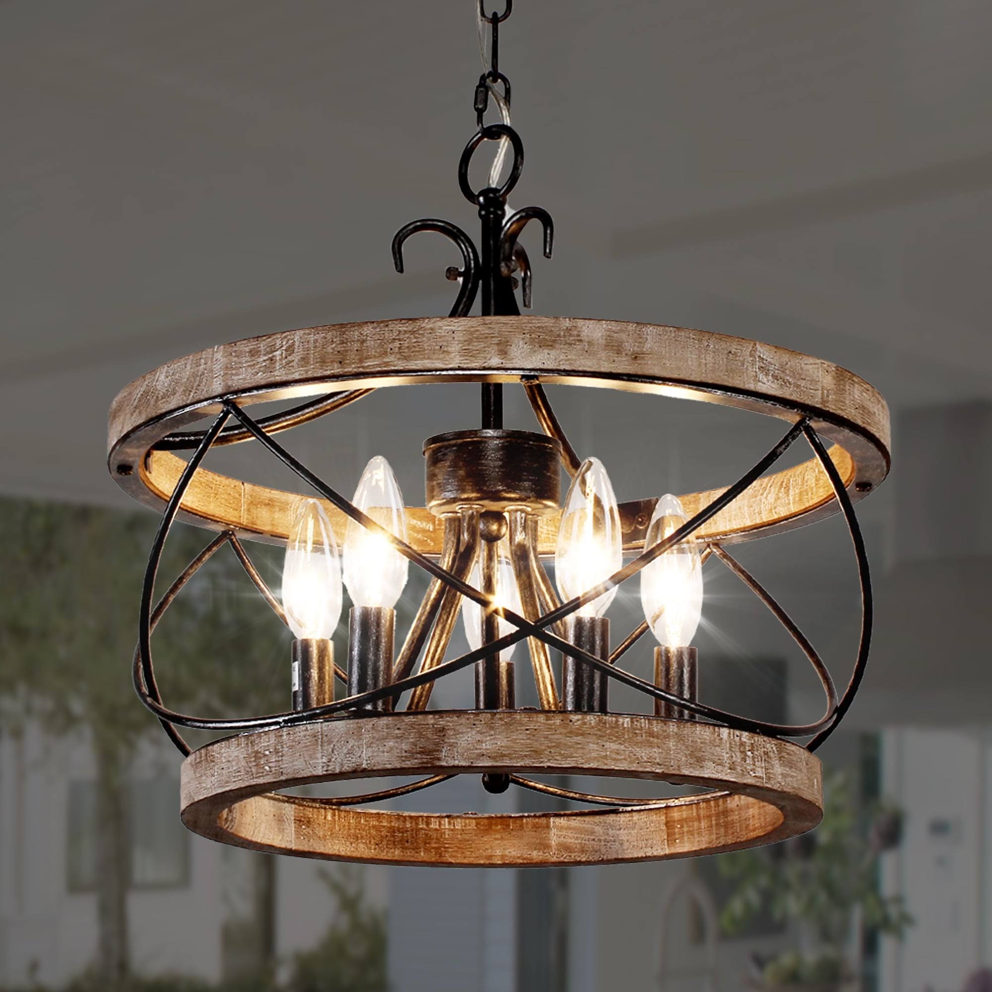 1a4dc85b6e4da5ab7af75bcaa8ecacca6dcf9a71dc9e010b5f38acccec38a1e2.jpg Bella Depot 5-Light Rustic Cage Wood Chandelier Dimmable Lighting, Adjustable Farmhouse Pendant Light for Kitchen Island - Image 1