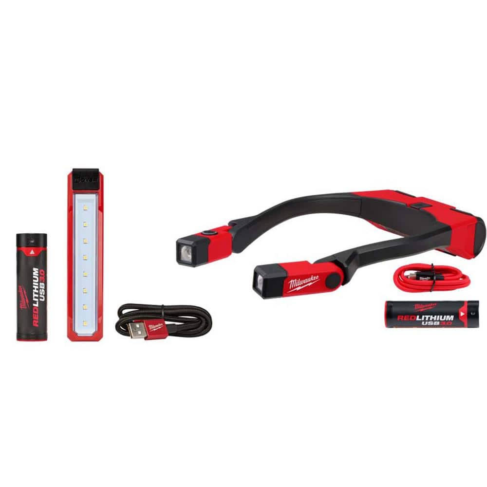 1a516416442d5865bed5adaf459cc8a5839a6e4a04fe14e142e6193bd0576f4b.jpg Milwaukee 400 Lumens LED REDLITHIUM Rechargeable Neck Light and 445 Lumens LED REDLITHIUM USB Rover Pocket Flood Light, Black - Image 1