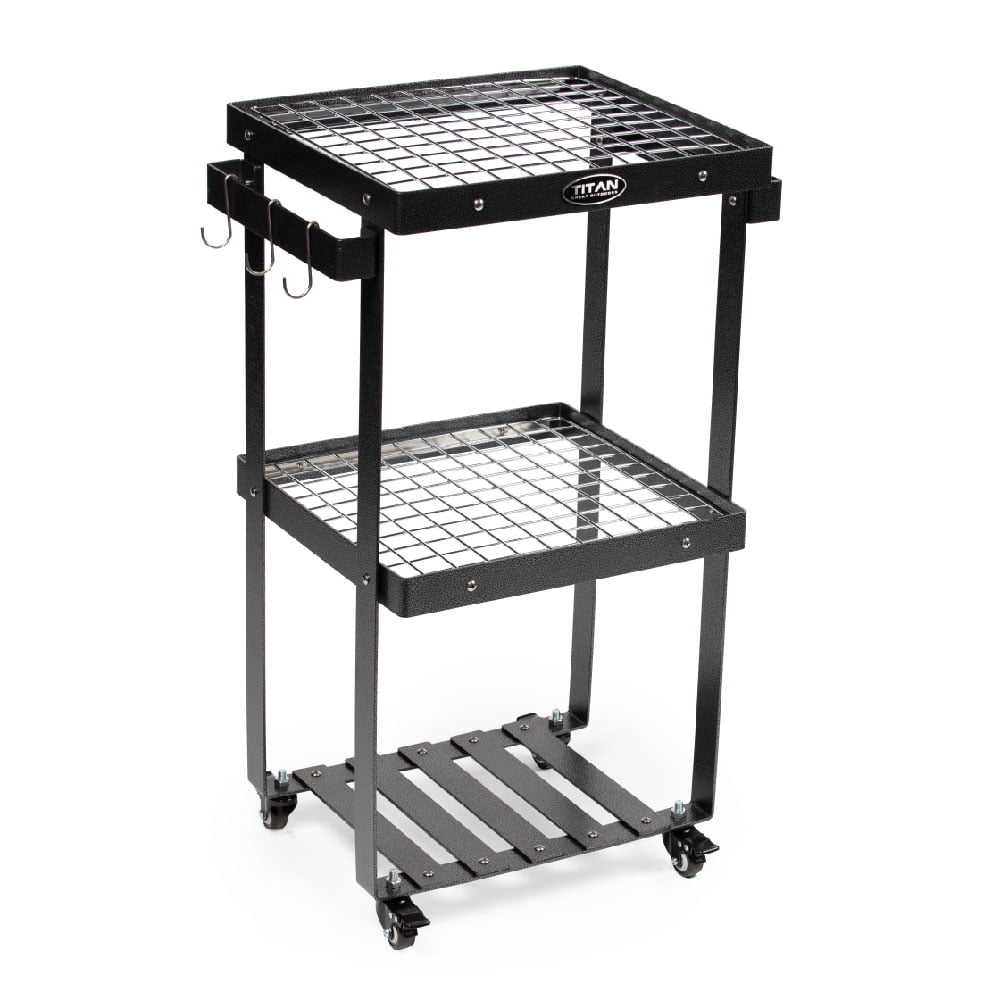 1a83eb53cdb456b26dccd1e0e222c355f51a2a22062823bf7631f53c1ac000eb.jpg Great Outdoors 3-Tier Barbecue Prep Station and Grill Accessory Serving Cart. Wire Rack Storage Shelves - Image 1