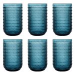 Bandesun Blue Vintage Highball Glasses Set of 6, 15 oz Hobnail Glassware, Embossed Romantic Drinking Glasses for Beer, Cocktail, Soda, Beverage