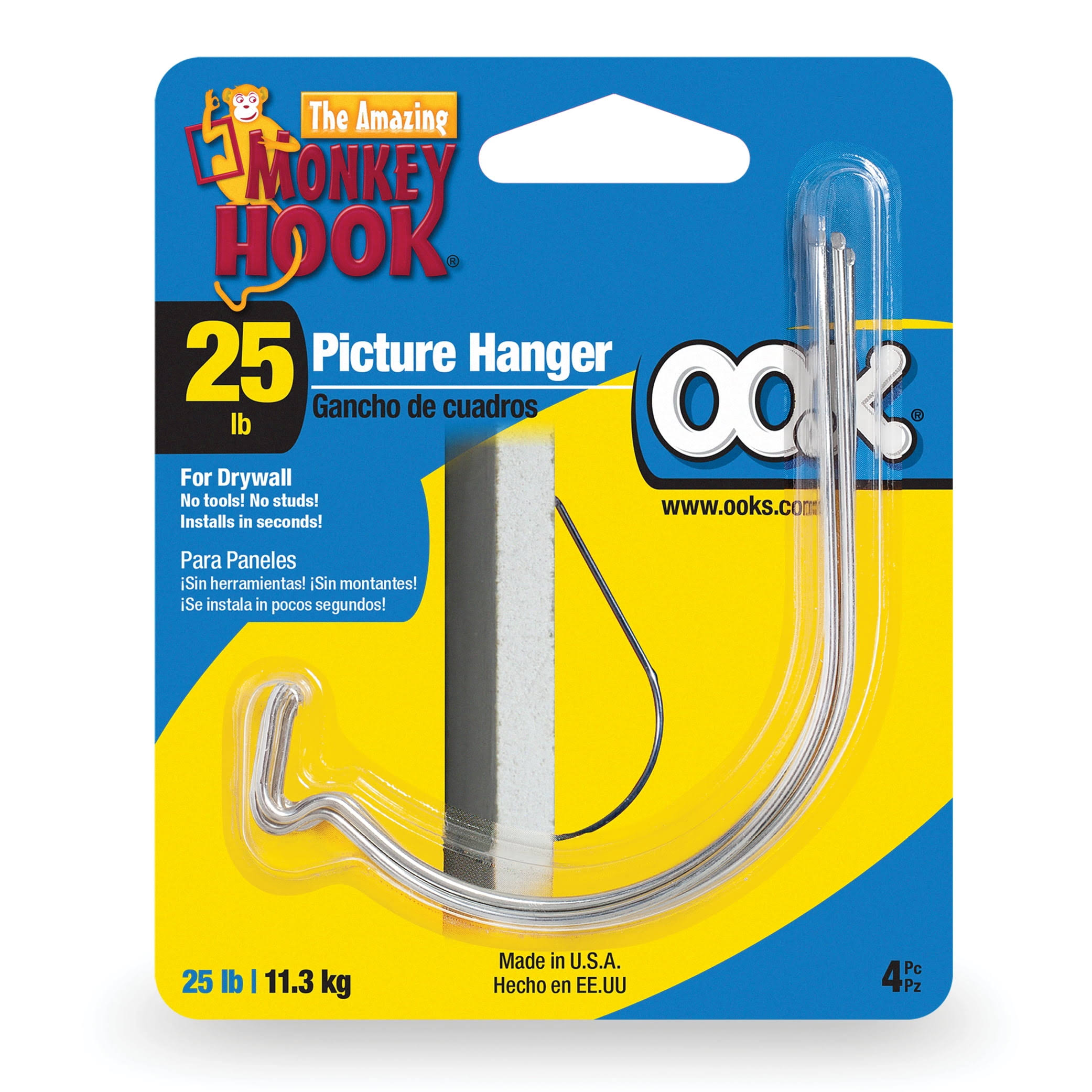 1ab614dbb8915b5daed439645c7db50049d1724ffc1d65c44894bb11f22e4f66.jpg Ook Monkey Hook Picture Hangers, Drywall, Steel, Tool Free (25lb) 4 Pack 9985604 - Image 1