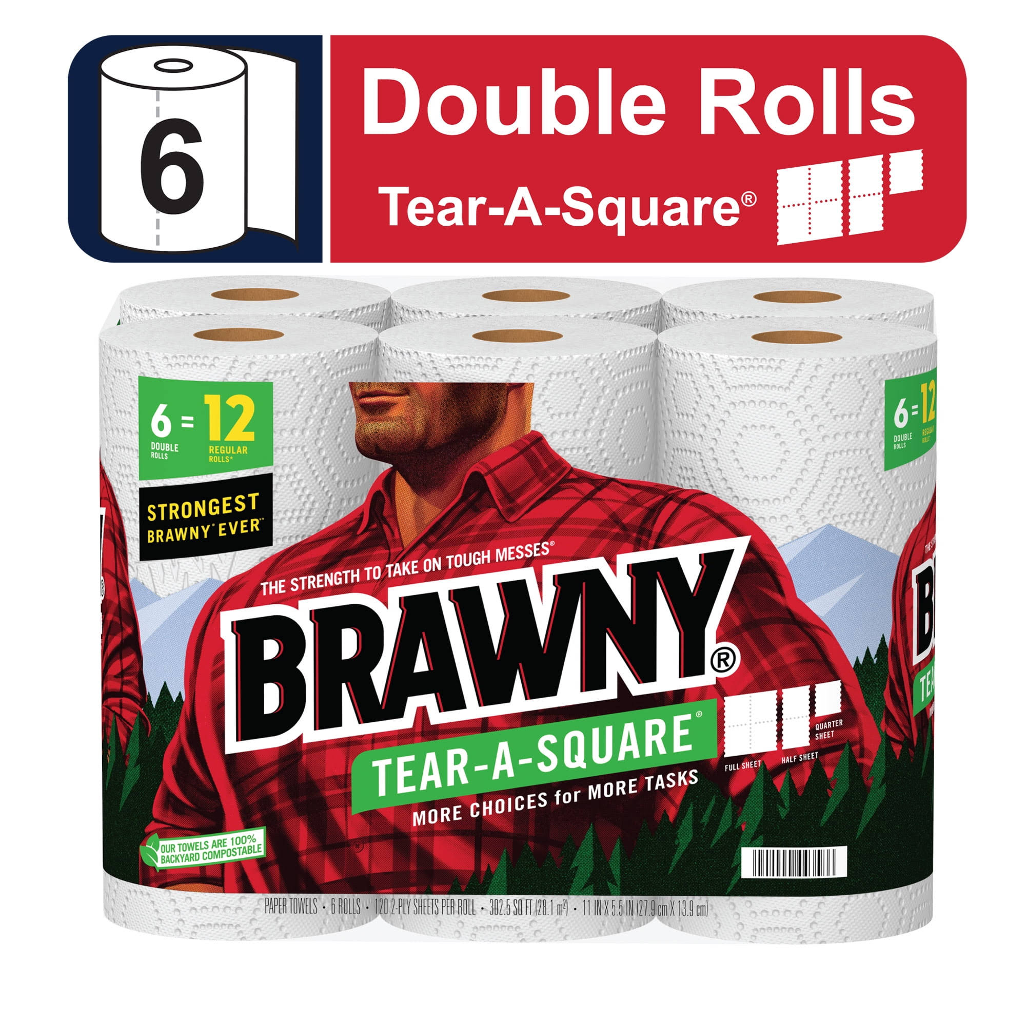 1b3505218ff91af638a434a0853c5eb895eefabbcac3998419bef2a3541607cb.jpg Brawny Tear-A-Square Paper Towels, Double Rolls, 2-Ply - 6 rolls - Image 1