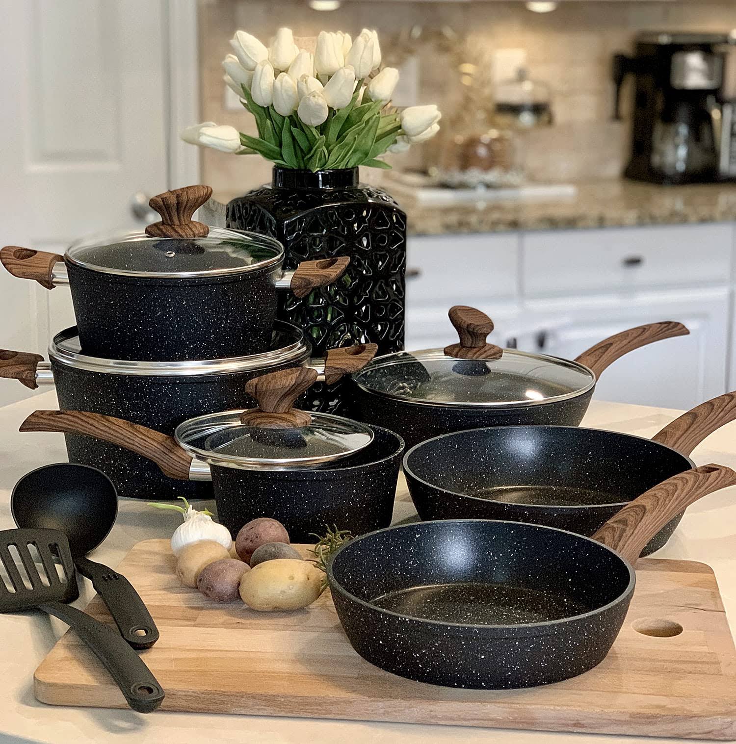 1b662599d0afbc3ae6416e0589286972a0bd126c3fdd3749aa762bd682aa300f.jpg Kitchen Academy Better Living Through Cooking Perfection Kitchen Academy Induction Cookware Sets - 12 Piece Cooking Pan Set, Granite Black Nonstick - Image 1