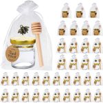 36 Pack 1.5 oz Mini Glass Honey Jars with Wood Dipper - Small Glass Favor Jars with Airtight Lids, Bee Pendant, Gift Bag, Gold Twist Tie and Tag -