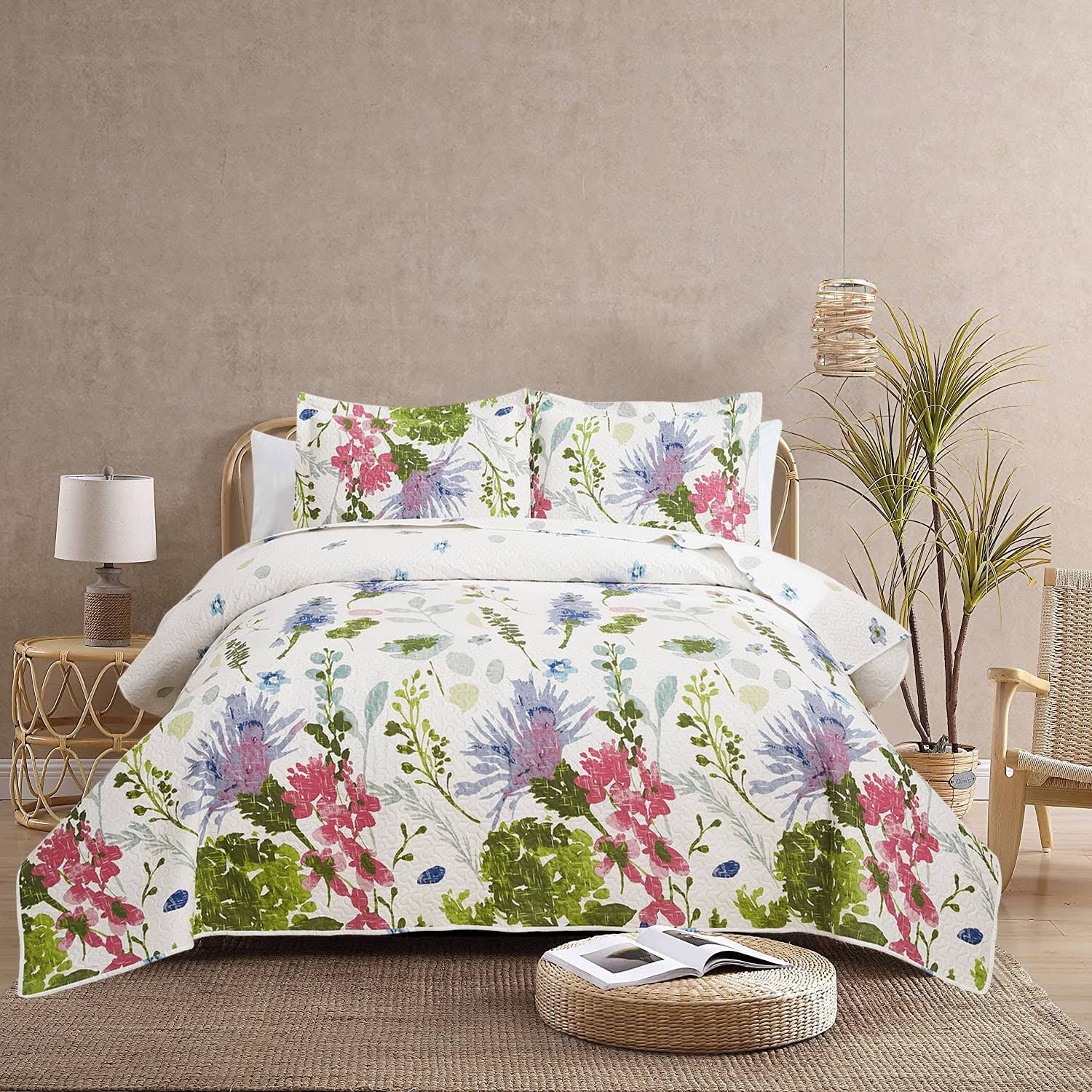 1bc314c463883805bb207ffa25fca43bcdf043dfbe541619151e75c88966189a.jpg Jarson Floral Quilts Set King size, 3pcs Lightweight Summer Bedspreads, Country Purple Flowers Bedding, Botanical Plant Reversible Coverlets - Image 1