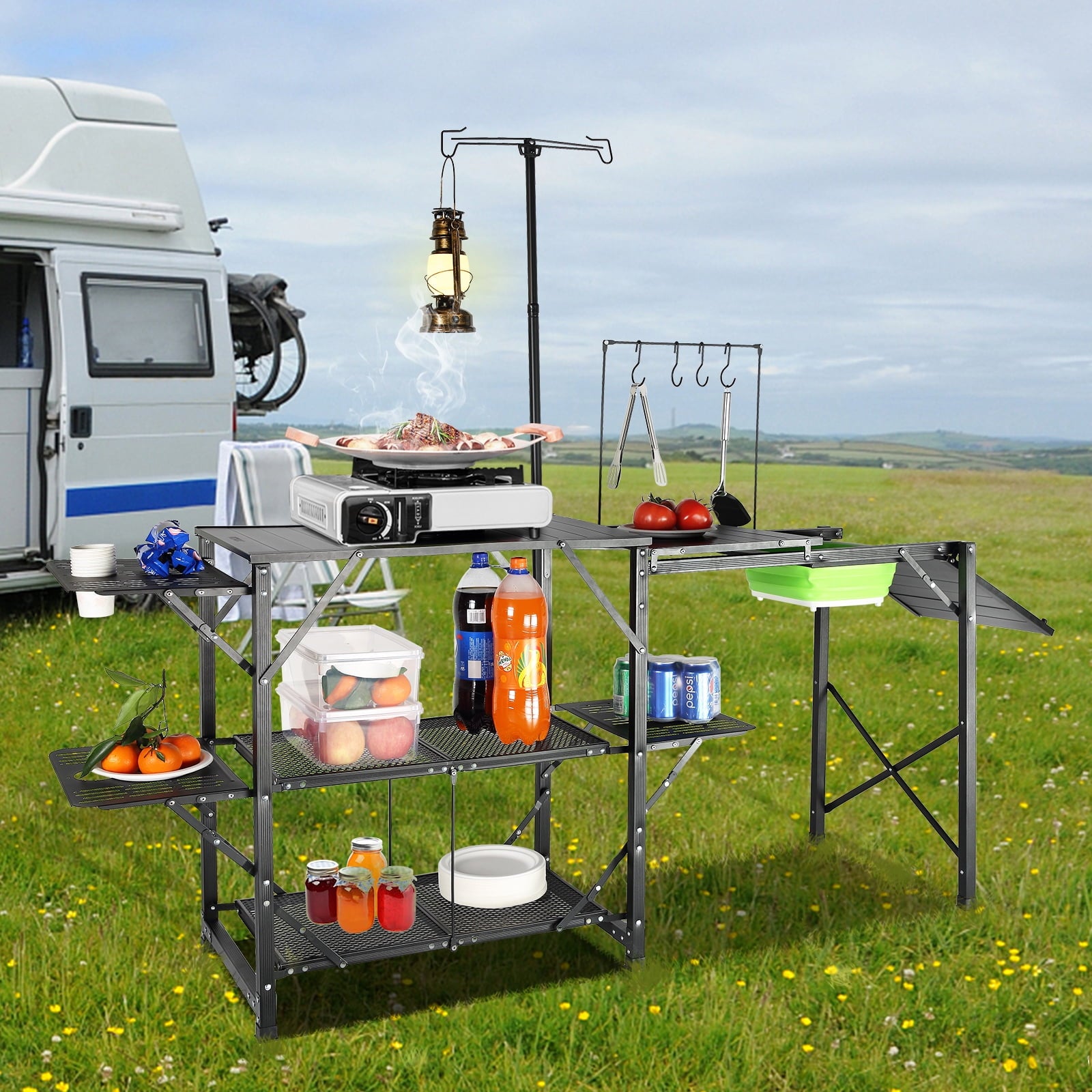 1bd430ec854d7d3b3f53463eca4bfae4faa5e44da19a35ce7b45b43b33e82cee.jpg Camping Kitchen Table Folding Portable Cook Station Tables Shelves &A Sink - Image 1