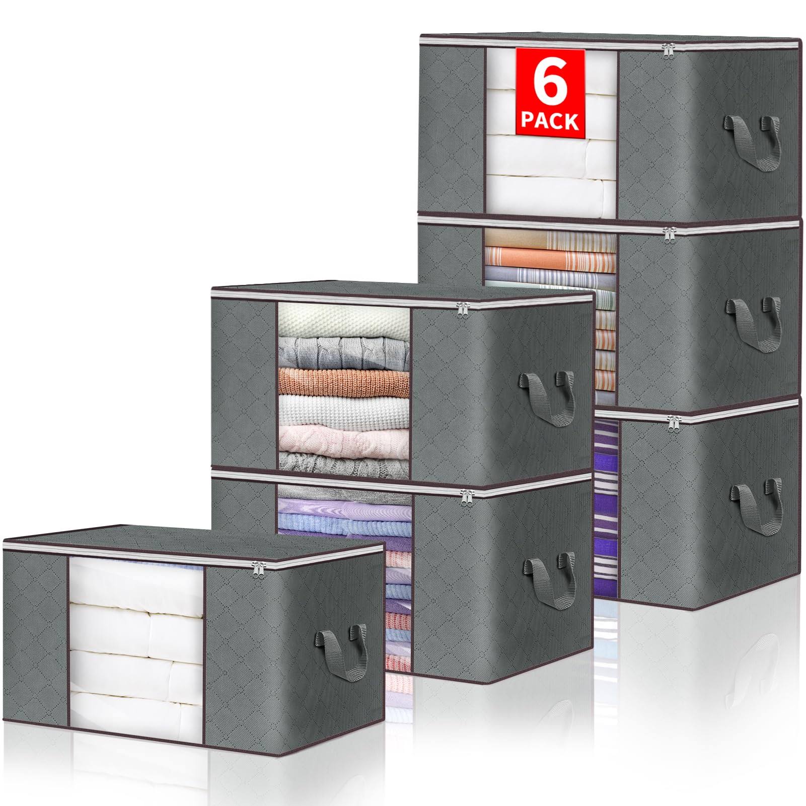 1c593c3cfdd5f53675ebaa10a0ed9fff7b9ade704449dd263e62516dd629bba3.jpg Budding Joy 6 Pack Clothes Storage, Foldable Large Storage Bags, Storage Containers for Clothing, Blanket, Comforter, Toys, Pillows, Clothes - Image 1