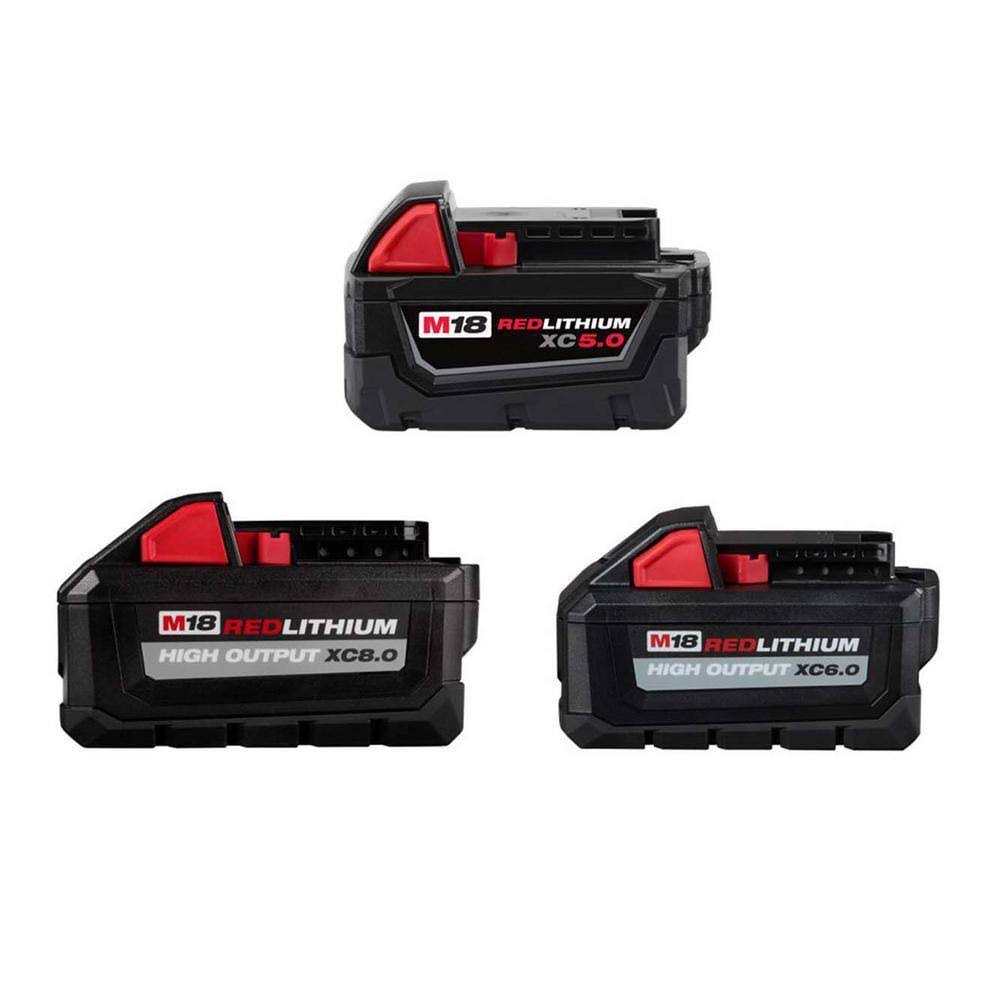 1c6e9b17ba06f9ad83a7c8feab6dda9d5fc3f342ba96860ac20b3b69c9a939e5.jpg Milwaukee M18 18-Volt 5.0 Ah Lithium-Ion XC Extended Capacity Battery Pack with 6.0Ah and 8.0Ah Batteries (3-pack) - Image 1