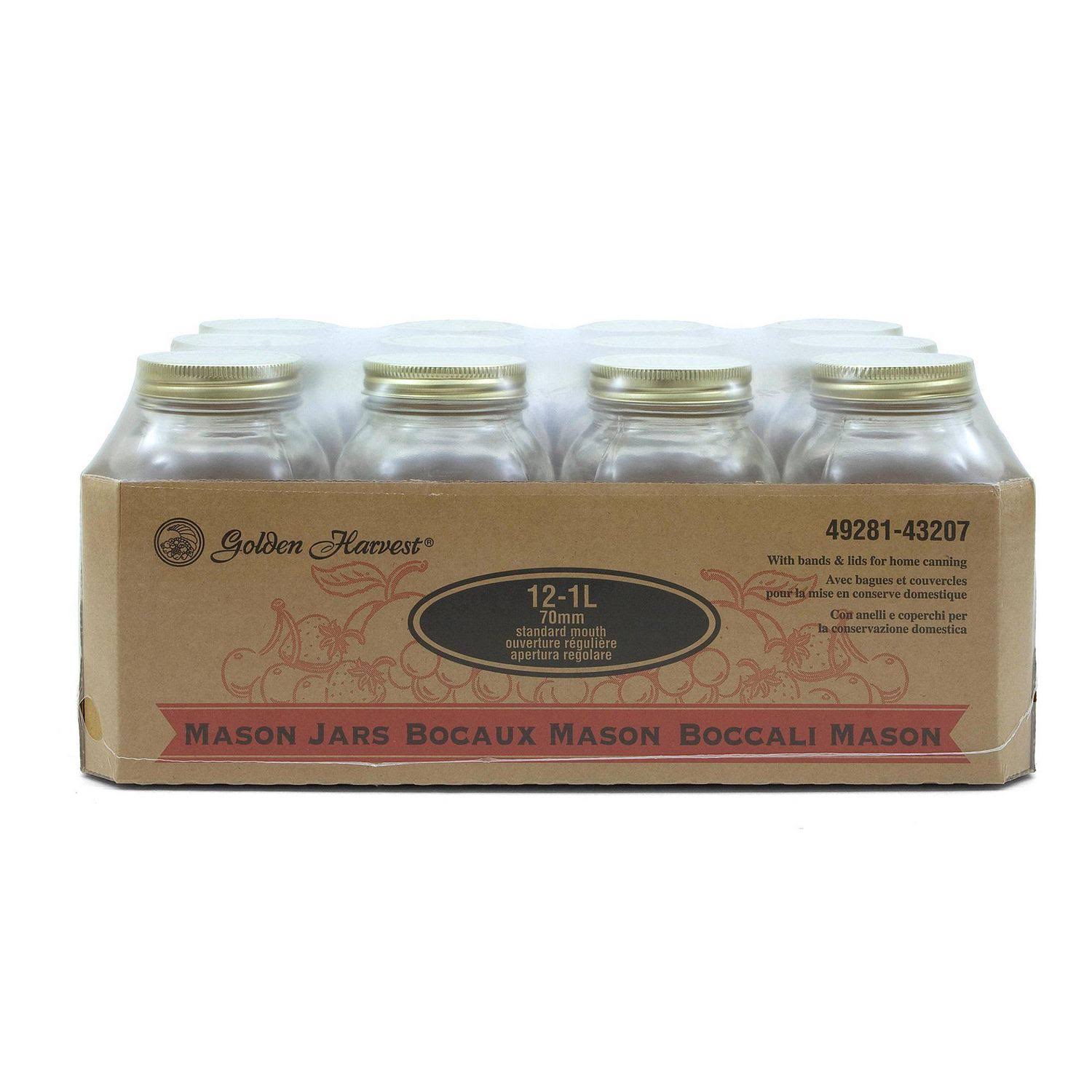 1c6f78db25236b21ae09200522c56772b449d4e11bfdac75b2ff131e2c71b325.jpg Golden Harvest 1-liter Glass Mason Jars, 12 Pack - Image 1