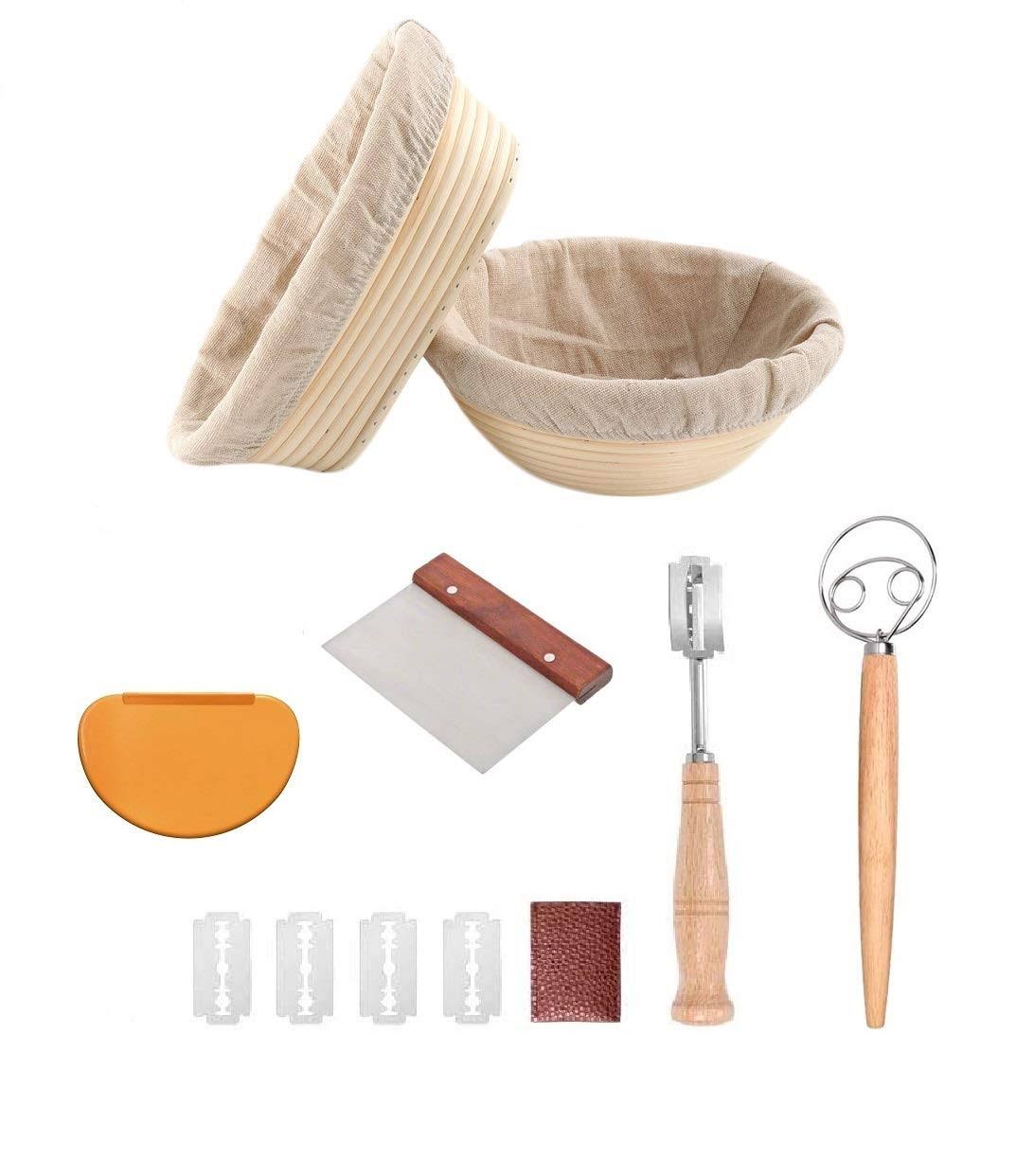 1cbe7075cbeb98bc592bde3c301f79cb6adbc6060423d3258e3289af06f9a003.jpg YAANI Bread Proofing Basket Set of 2 Round and Oval, Banneton Proofing Basket + Danish Dough Whisk + Bread Scoring Lame + Stainless Steel Dough - Image 1