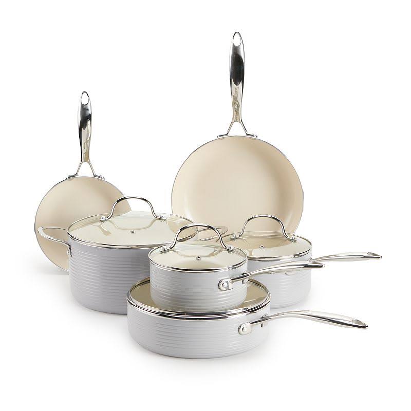 1cd0b8e08e2028a2991c07f9f59ec60bc7613ee007be59f31fad642fe1c9929f.jpg Food Network Farmstead 10-pc. Aluminum Cookware Set, Light Grey - Image 1