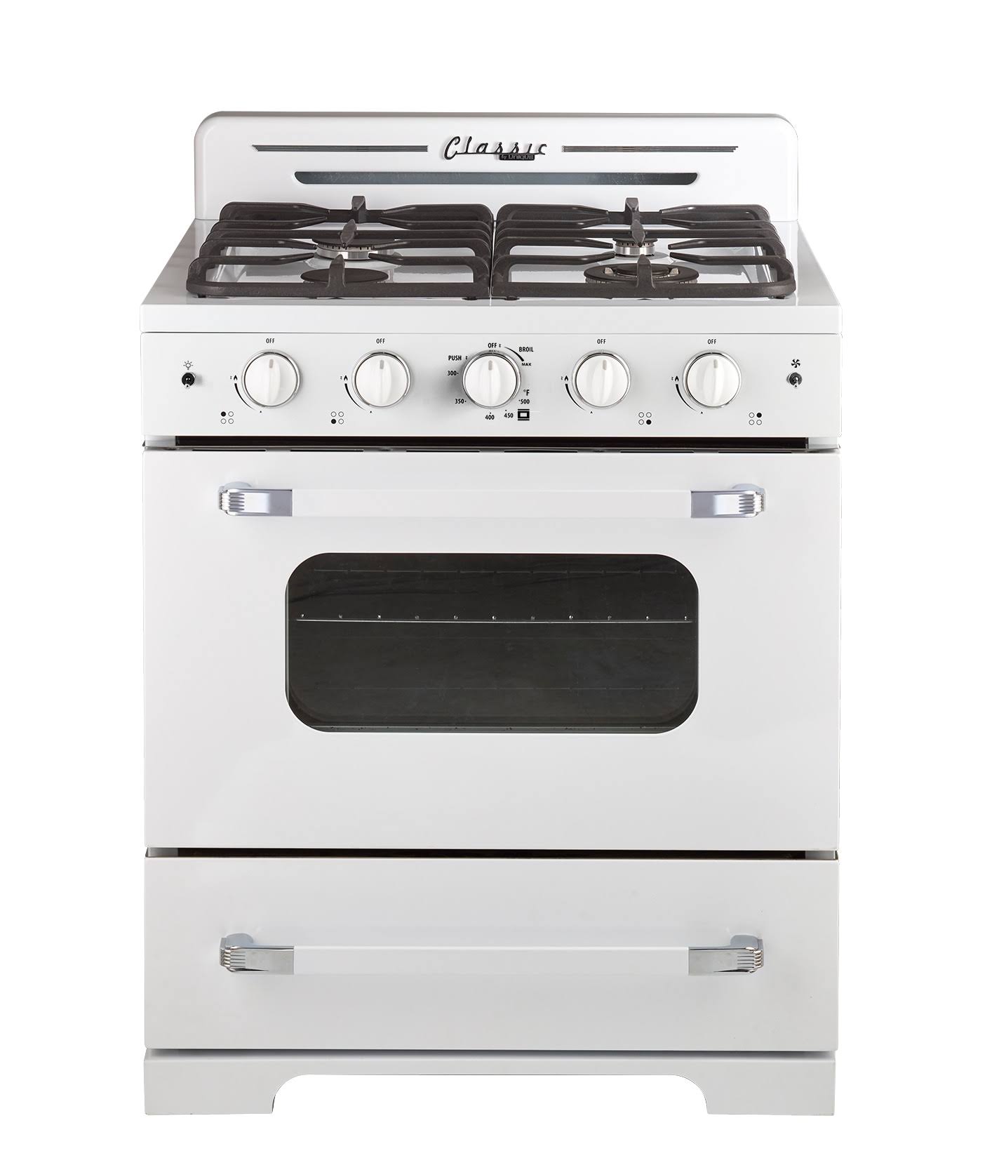 1cd6e1c40f3b25dc7e31a43a38f26d1b1eeed8e20e9e0f788cd39ee067d71dfe.jpg Unique Appliances Classic Retro 30 inch Freestanding Gas Range with 4 Sealed Burners, 3.9 Cu. ft. Marshmallow White - Image 1