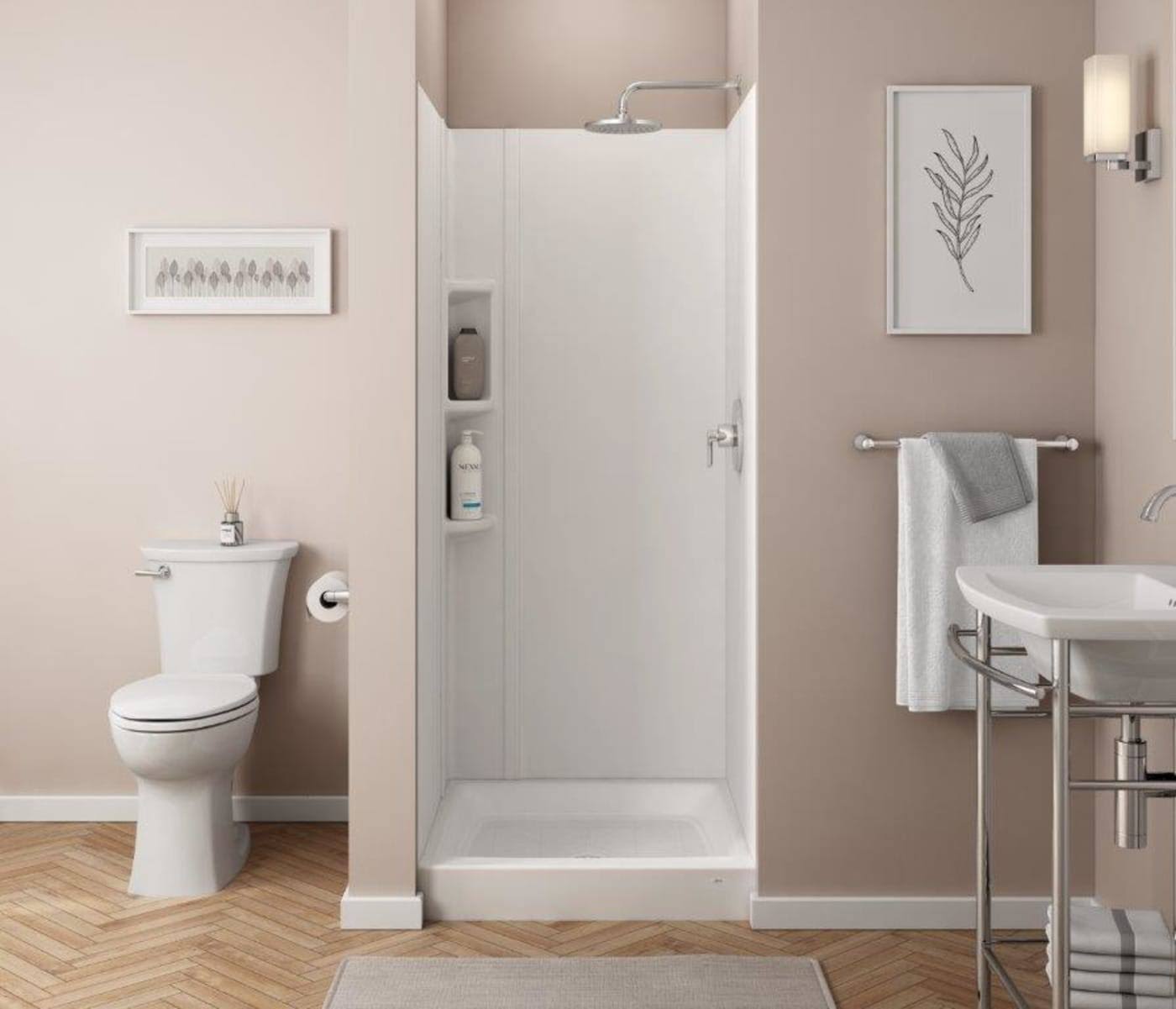 1d2e2403609d51996949ddd92728f21c474d0544cd3604c617063f22a424c4cc.jpg American Standard Mainstream 32-in x 72-in White 4-Piece Shower Panel Kit | 2950SWT32.011-Instock - Image 1