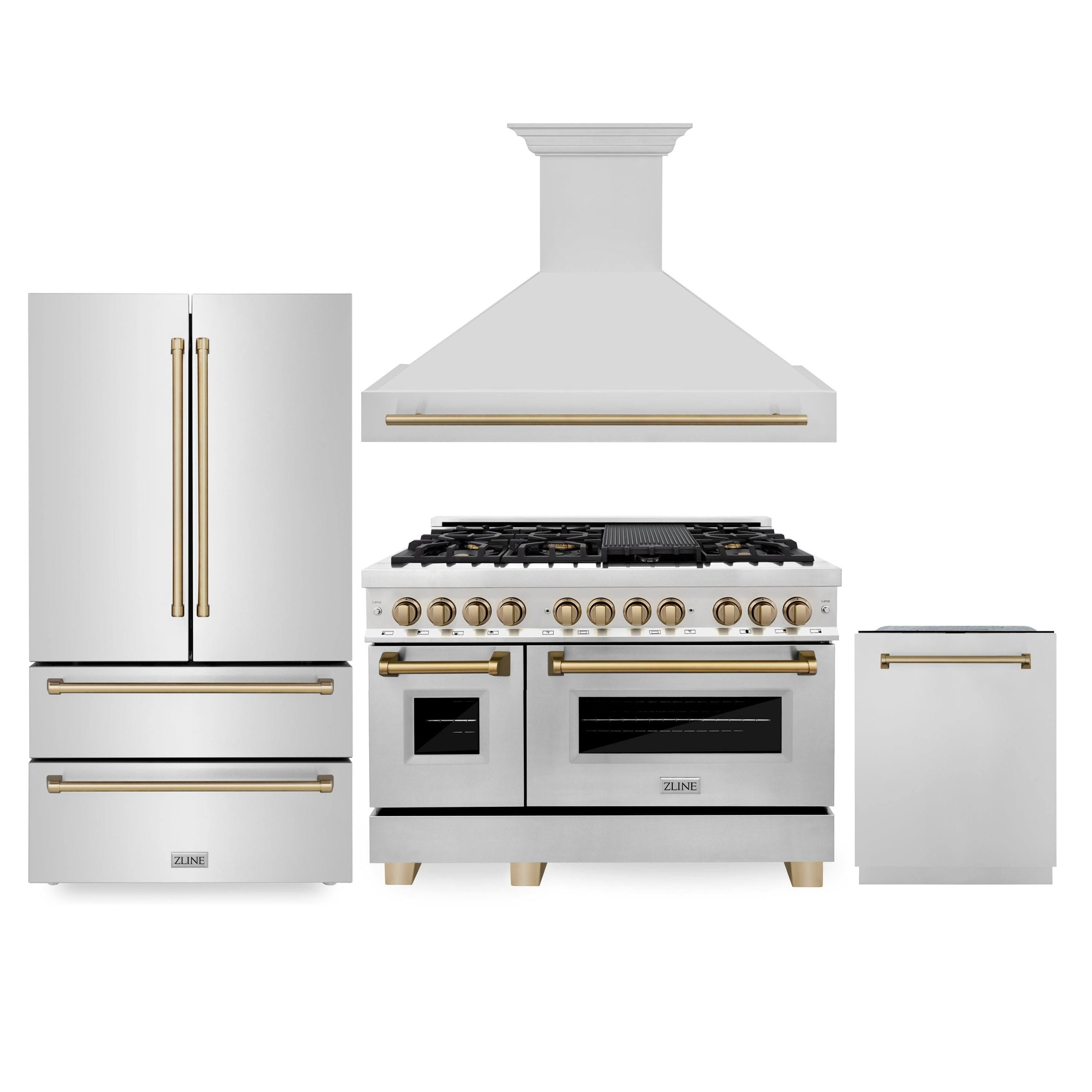 1d2f9128bd883eeaa1a5c31524a52beb950c0c703f6bc56c02721799731001bd.jpg ZLINE 48" Autograph Edition Kitchen Package with Stainless Steel Dual Fuel Range, Range Hood, Dishwasher and Refrigeration with Champagne Bronze - Image 1