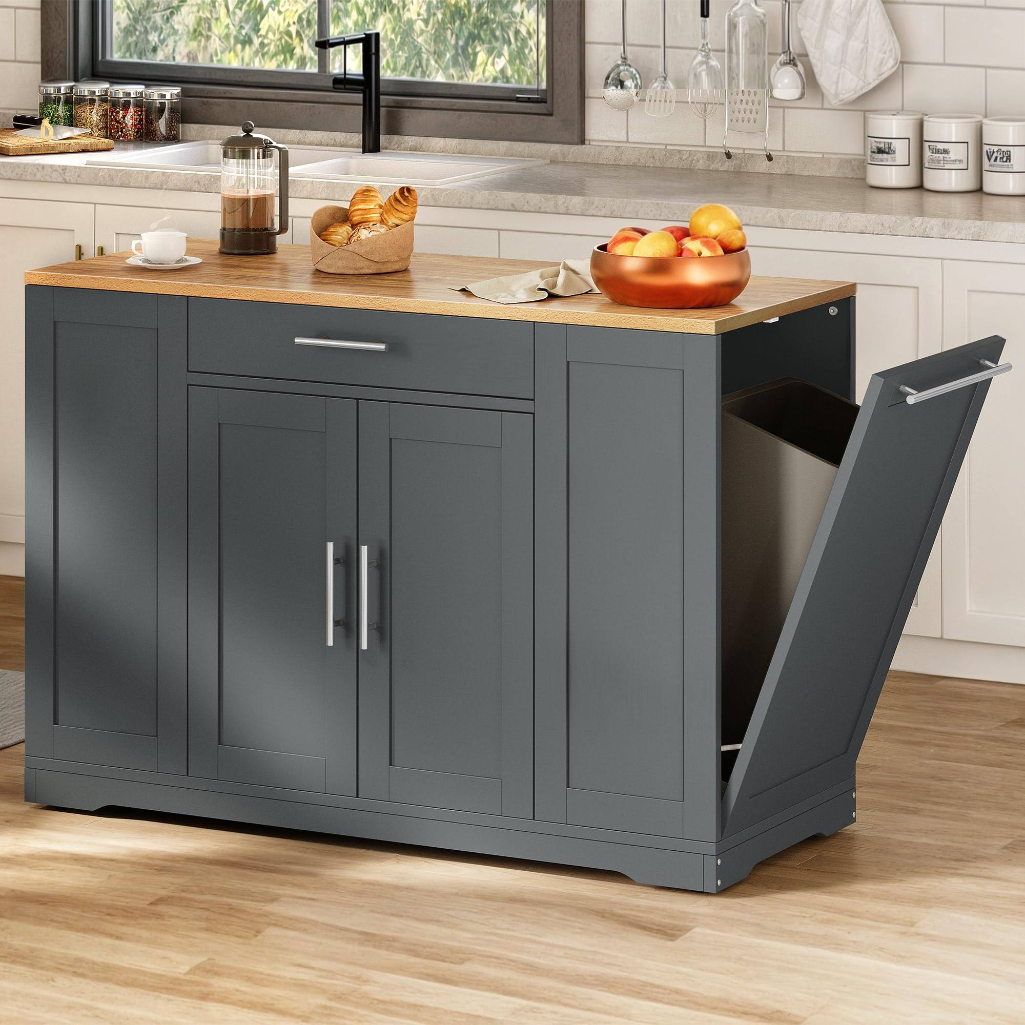 1d36d87f5ccec73e8c0e2f558377f4f600b23a519adbe2d8da8c9f232b3eae0e.jpg YITAHOME 53 inch Large Rolling Kitchen Island with Trash Can Storage Cabinet, Portable Mobile Islands Table Long Floating Movable W Wheels Cabinet - Image 1