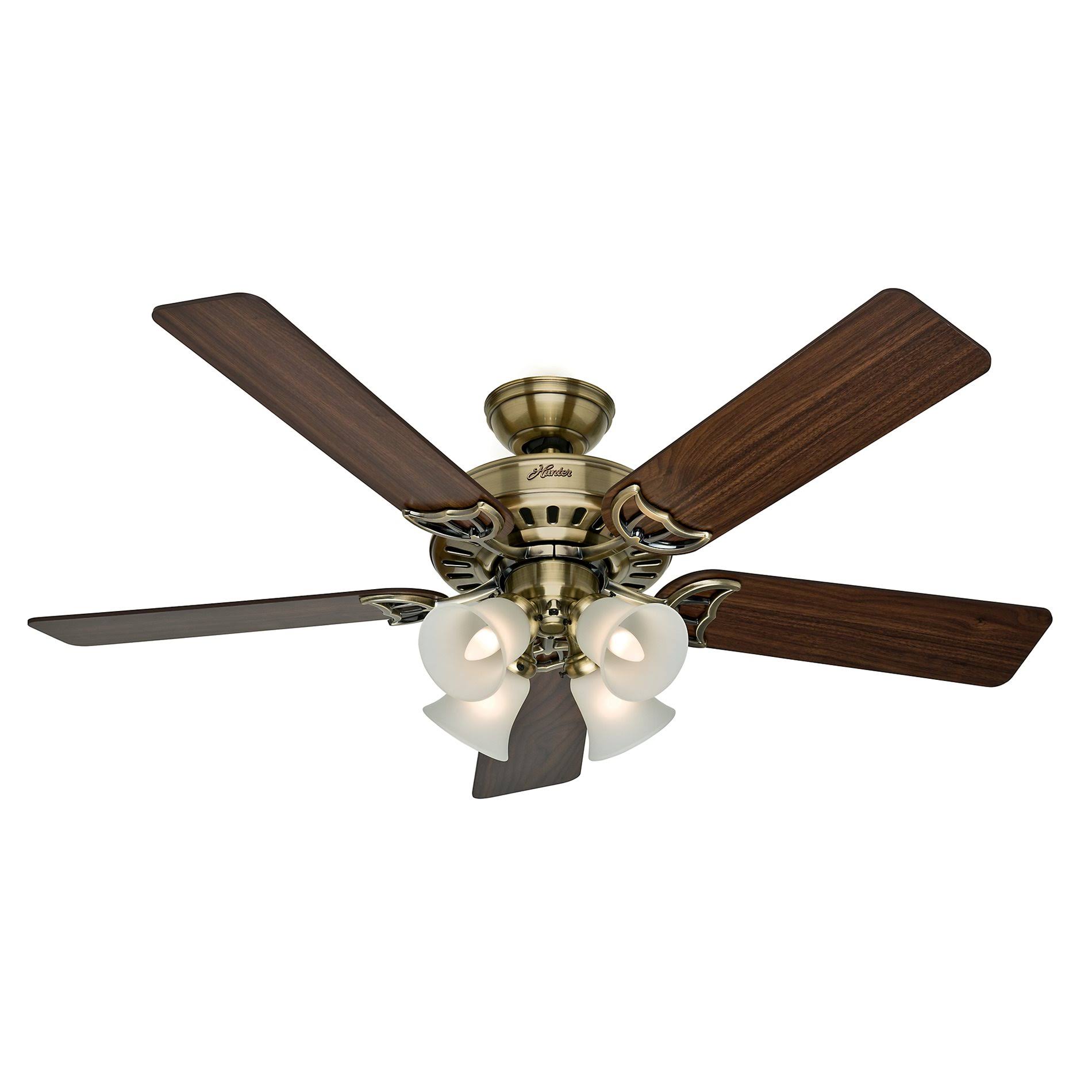 1d91904af3bf1ce3288bd118dbc57ef1f3cda3dc6092b04cc0a88328ce22a57f.jpg Hunter Studio Series 52" Ceiling Fan with 4-Light Kit - Antique Brass - Walnut/Medium Oak Blades - Image 1