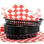 Retro Style Black Fast Food Basket (6 PK) and Red Checkered Deli Liner (60 PK) Combo. Classic 11 in Deli Baskets Are Microwavable and Dishwasher