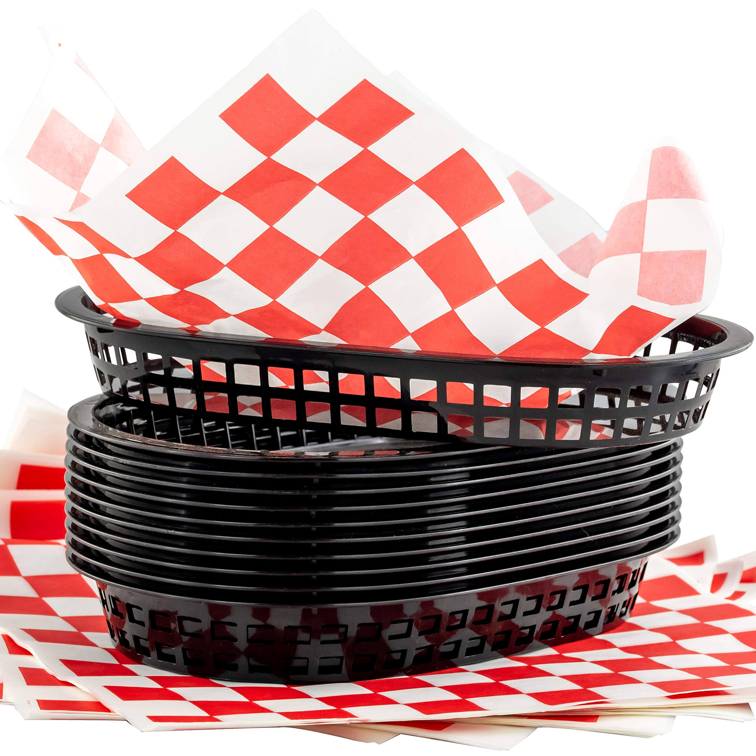 1da350b99b7eceb3a473c6b8b6dd67758f25b1c13d25da083f75b2b6c3ae6759.jpg Retro Style Black Fast Food Basket (6 PK) and Red Checkered Deli Liner (60 PK) Combo. Classic 11 in Deli Baskets Are Microwavable and Dishwasher - Image 1