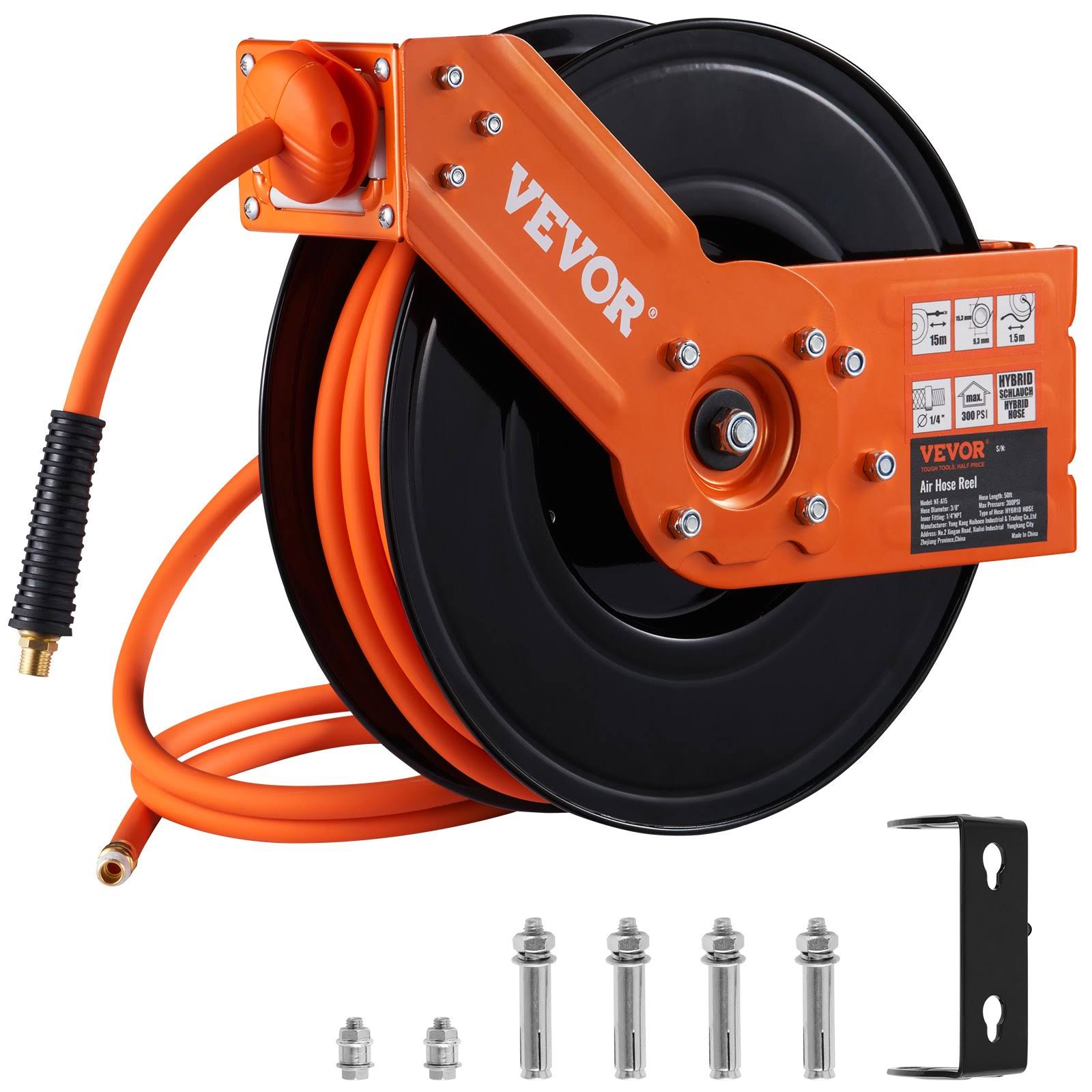 1dbf730edd20e4b6a38b9671286019fb4acdf468584aff8b1b72d8b89202d035.jpg VEVOR Retractable Air Hose Reel, 3/8 in x 50 ft Hybrid Air Hose Max 300Psi, Air Compressor Hose Reel with 5 ft Lead in, Ceiling/Wall Mount Heavy - Image 1