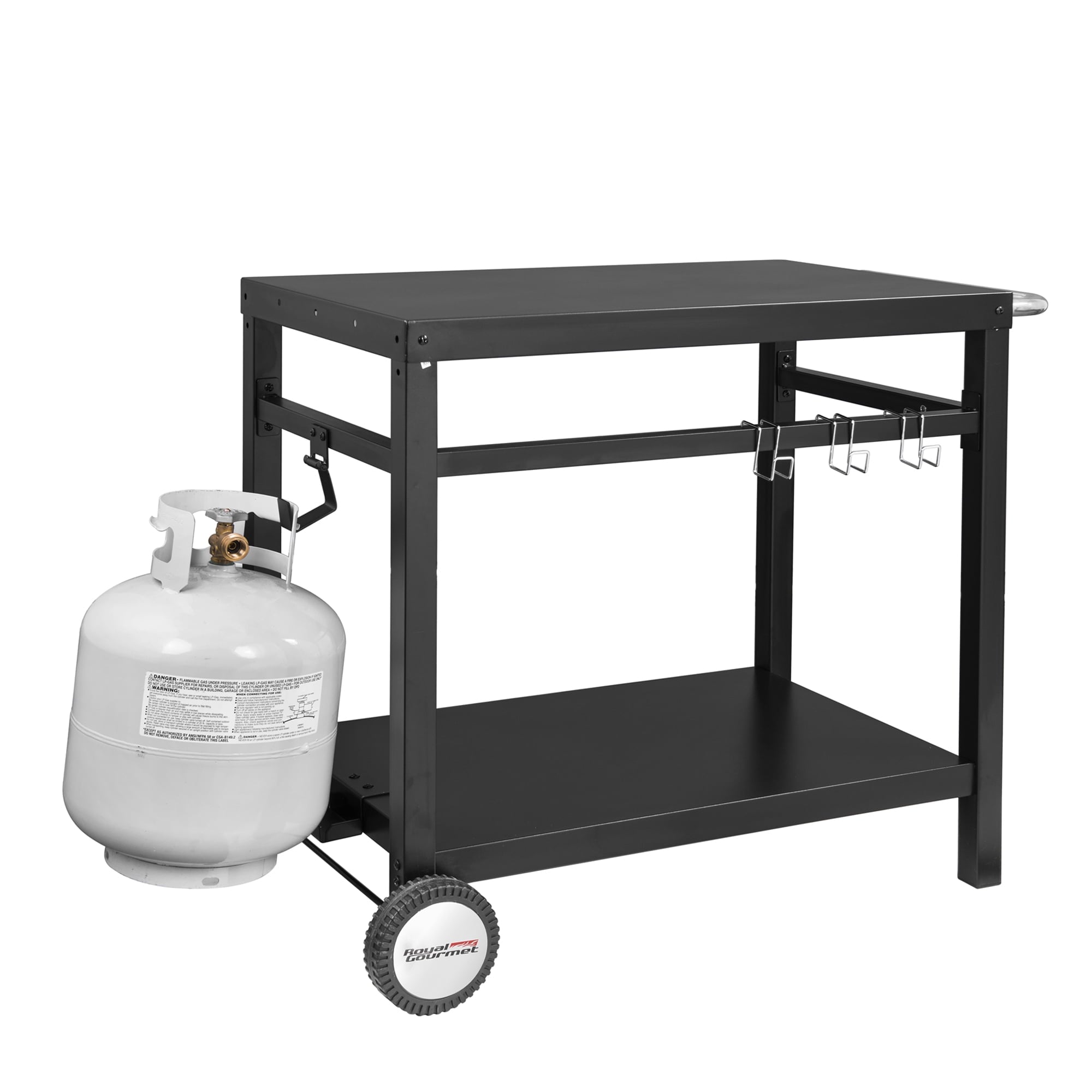 1dda290eb3f9c36b827393941d957fe44932a84185a864d62b9dc47b04ddf360.jpg Gourmet PC3401B Double Shelf Movable Dining Cart Work Table. Outdoor Food Preparation Cart - Image 1