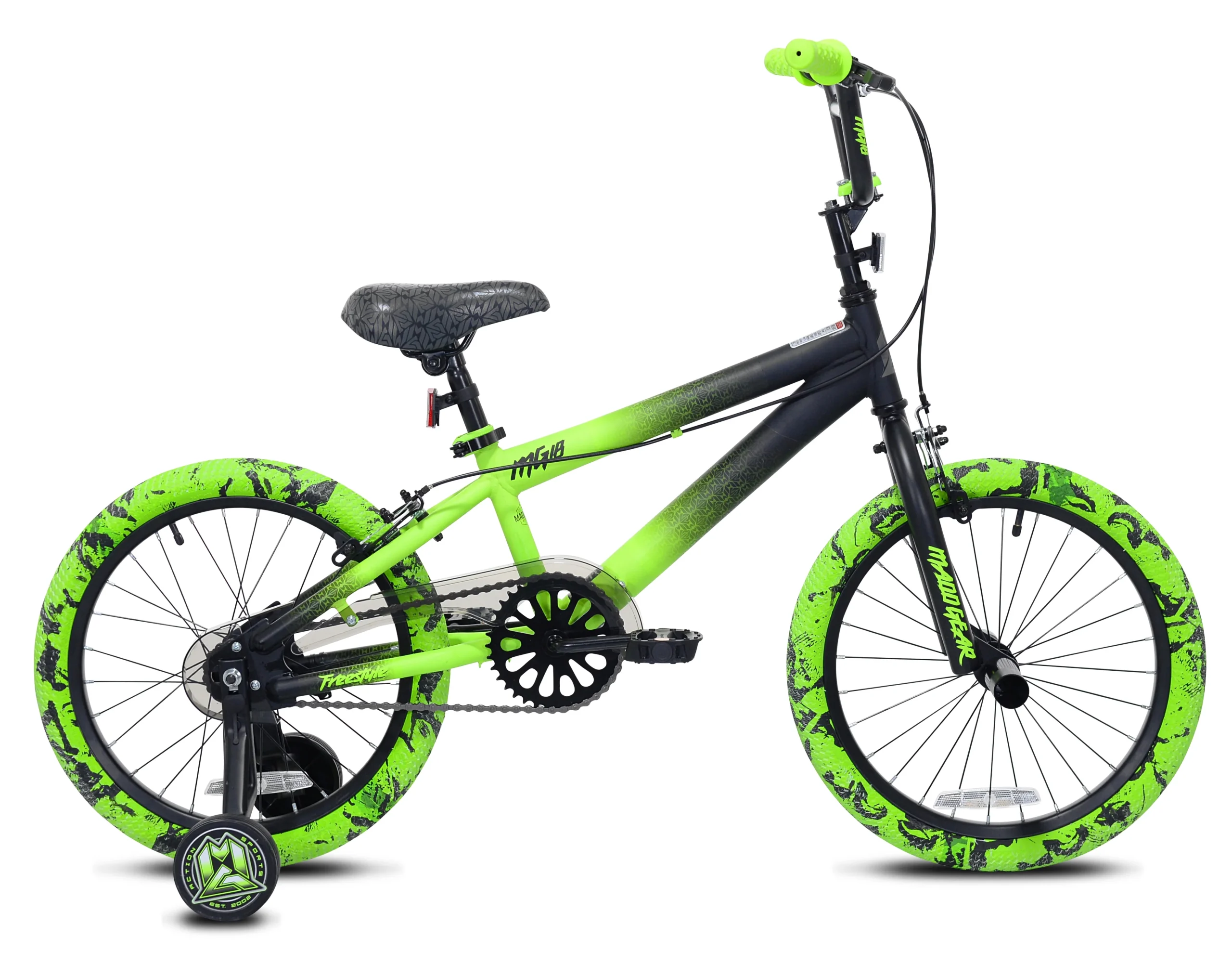 1e22034ba14c5329ceeaa2f395e06450624579cc7386cab4428211acfdf61aea.webp Bicycles 18" Madd Gear MG18 BMX Boy'S Bike, Black and Green - Image 1