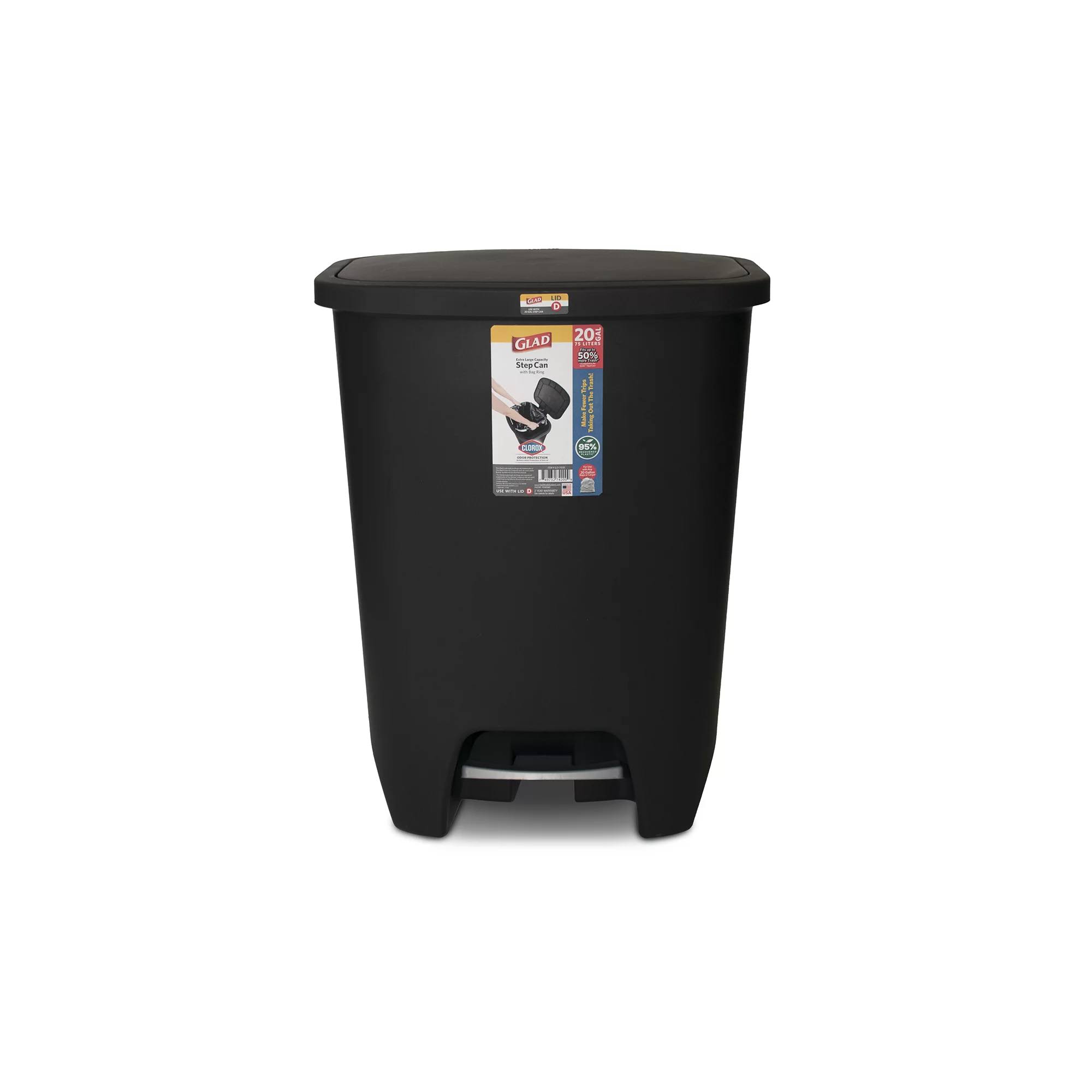 1e92b6dd916b592aa45d4210a262da93f671872c3a04a09a45754d03e48b755c.jpg Glad 20 Gal Plastic Step Kitchen Trash Can, Black - Image 1