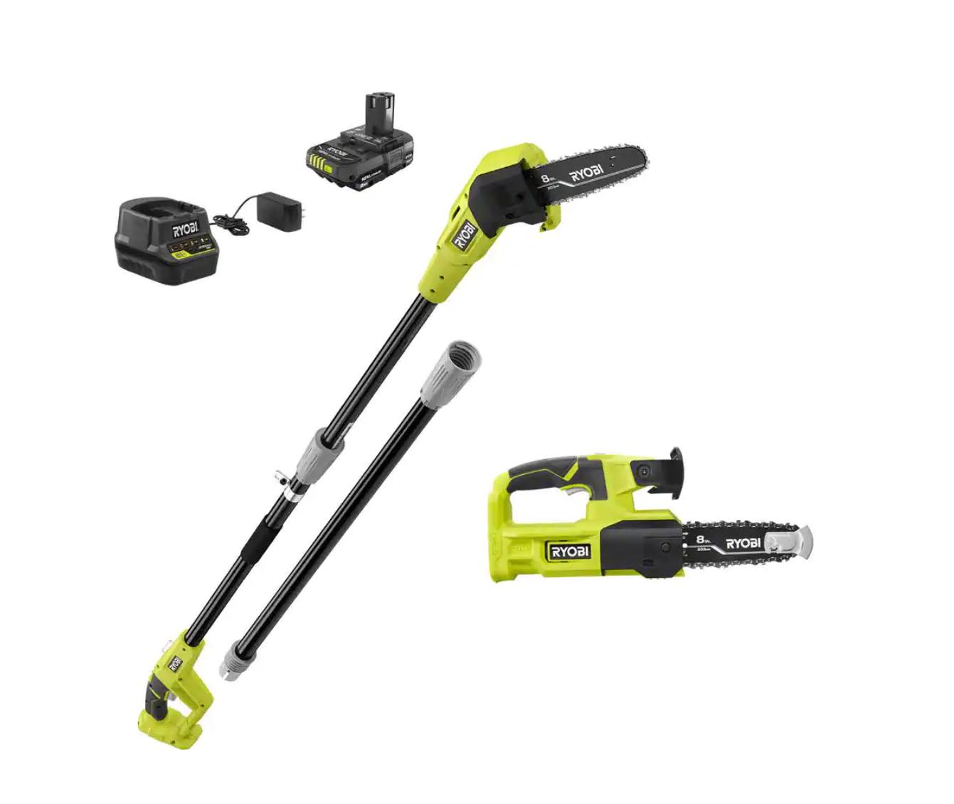 1eb61c61fc563188c5ea40bf63cbbf00e6882f6c584eaec4976055d1a65b1f1d.jpg Ryobi P20310 One+ 18V 8 in. Cordless Battery Pole Saw and 8 in. Pruning Saw Combo Kit with 2.0 Ah Battery and Charger - Image 1