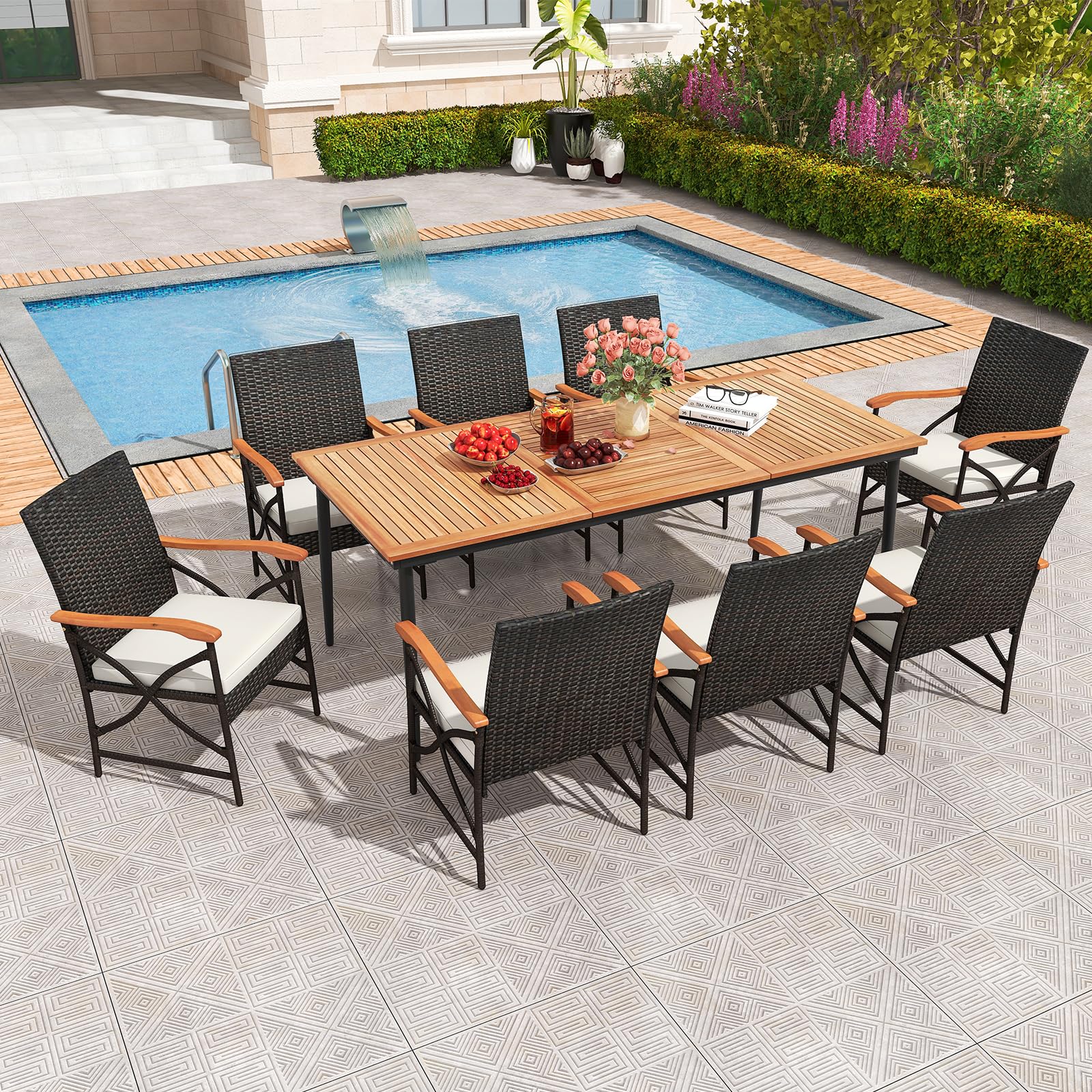 1ec1c031cbf5b92d6a0da34cb95e7f593d8b648ab5ceb4c213181c4f25464caa.jpg Tangkula 9-Piece Patio Dining Set, 79" Outdoor Acacia Wood Dining Table & 8 Rattan-Woven Dining Chairs with 1.9" Umbrella Hole - Image 1
