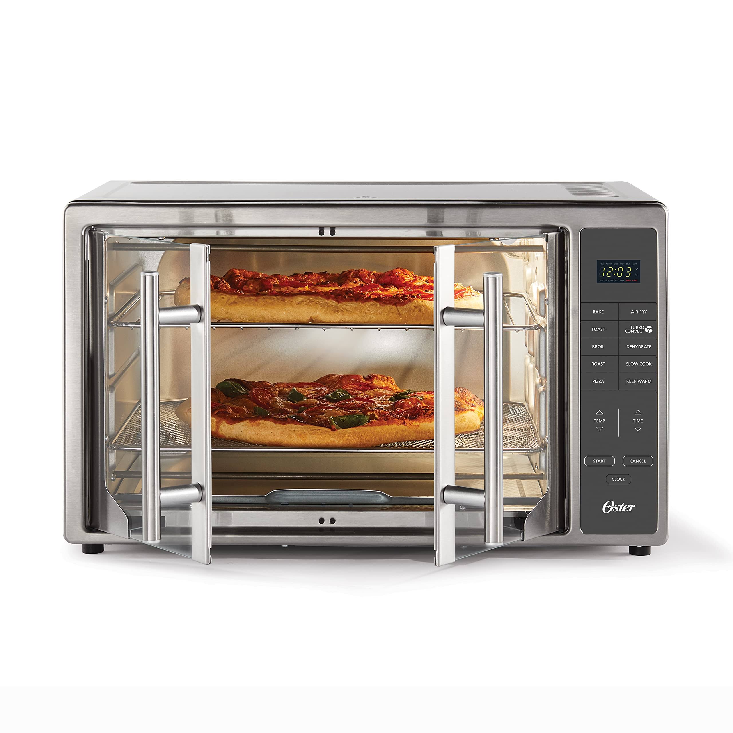 1efa0a4d727c491855032affb4d76d21f99015f44ad0457e49f92097f43a891d.jpg Oster Air Fryer Oven, 10-in-1 Countertop Toaster Oven, XL Fits 2 16" Pizzas, Stainless Steel French Doors - Image 1